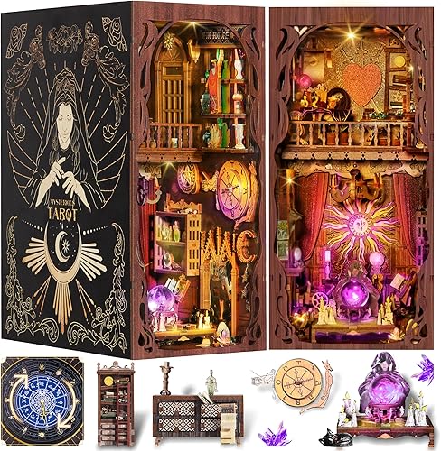 Miniatura 8 de Kit de Rincón de Libros para Hacer Uno Mismo, Rompecabezas de Madera 3D en Miniatura Sujetalibros Decoración de Estantería con Luz LED, Cubierta