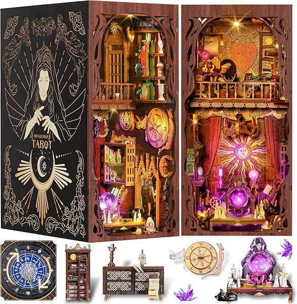DIY Book Nook Kit, 3D Wooden Puzzle Booknook, Bookshelf Miniature House Kit Dollhouse, Tarot Divination Test, with LED Light, Dust Cover, Gift for Adults Teens (Mysterious Tarot)