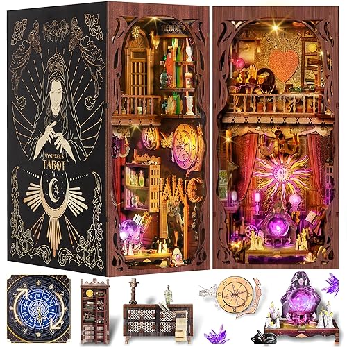 DIY Book Nook Kit, 3D Wooden Puzzle Booknook, Bookshelf Miniature House Kit Dollhouse, Tarot Divination Test, with LED Light, Dust Cover, Gift for Adults Teens (Mysterious Tarot) - Mysterious Tarot