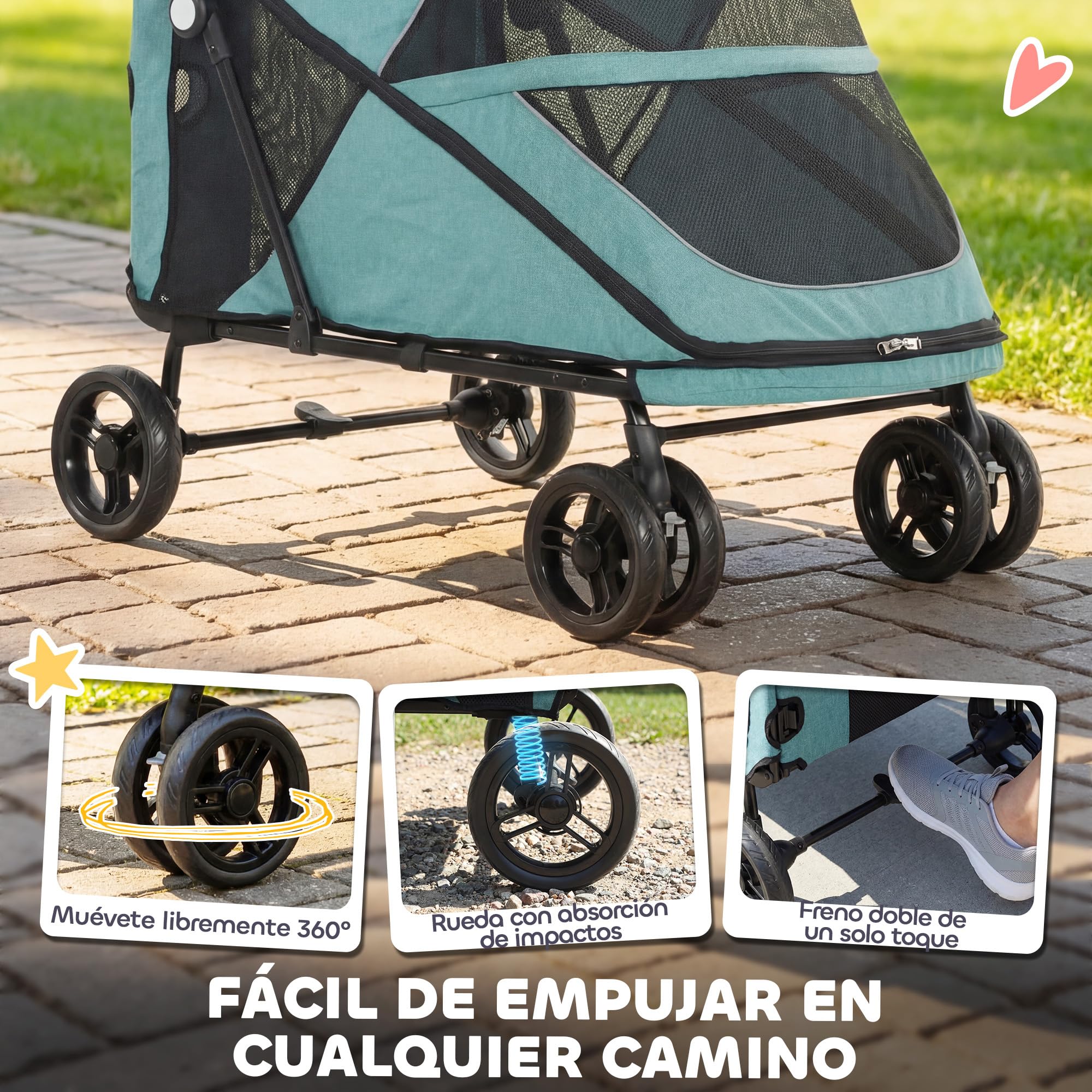 PawHut Carrito para Perros y Gatos Grande Plegable con un Botón hasta 30 kg, Cochecito para Perros Medianos y Grandes, Suspensión 4 Ruedas, Giratorio, Freno de Pie, Cojín Lavable, Turquesa