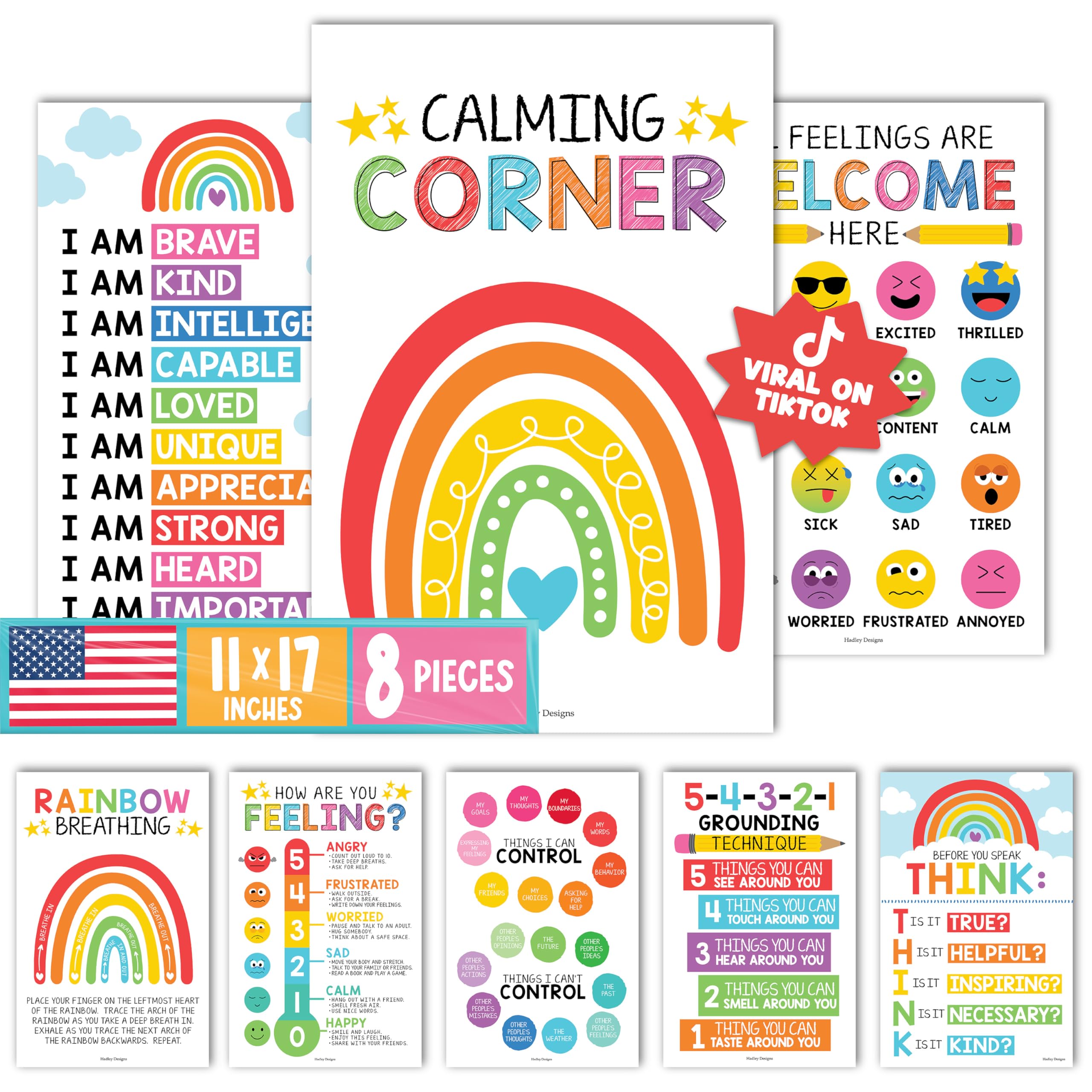 8 Colorful Calming Corner Posters For Classroom Must Haves For Teachers - Calm Down Corner Supplies Elementary, Feelings Chart For Kids Ages 4-8, Emotions Chart For Kids, Calming Corner Items Kids
