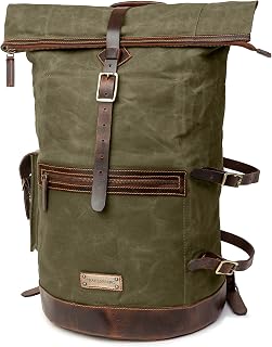 Großer Reise Rucksack 'Dale' aus gewachstem Canvas mit Leder, wasserabweisend - Vintage-Design, bis 60L - Wald-Grün, DR00625