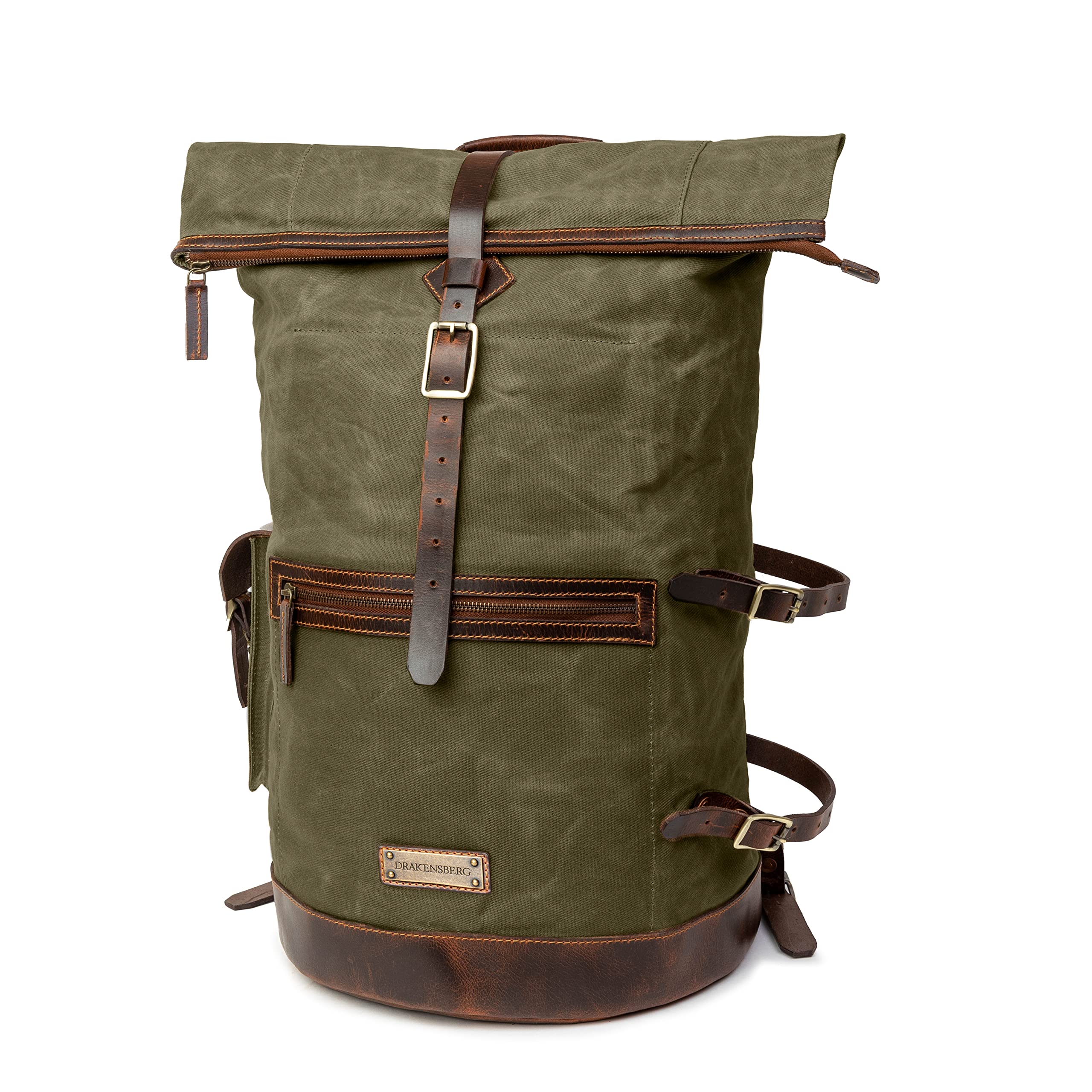 DRAKENSBERG Großer Reise Rucksack 'Dale' aus gewachstem Canvas mit Leder, wasserabweisend - Vintage-Design, bis 60L - Wald-Grün, DR00625