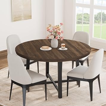 47 in Round Dining Table, Industrial Dinner Table for 4 to 6, Wooden Kitchen Table with Sturdy Metal Frame & Rustic Light Oak Finish, Circle Kitchen Table for Dining Room, Kitchen No Chairs, Brown