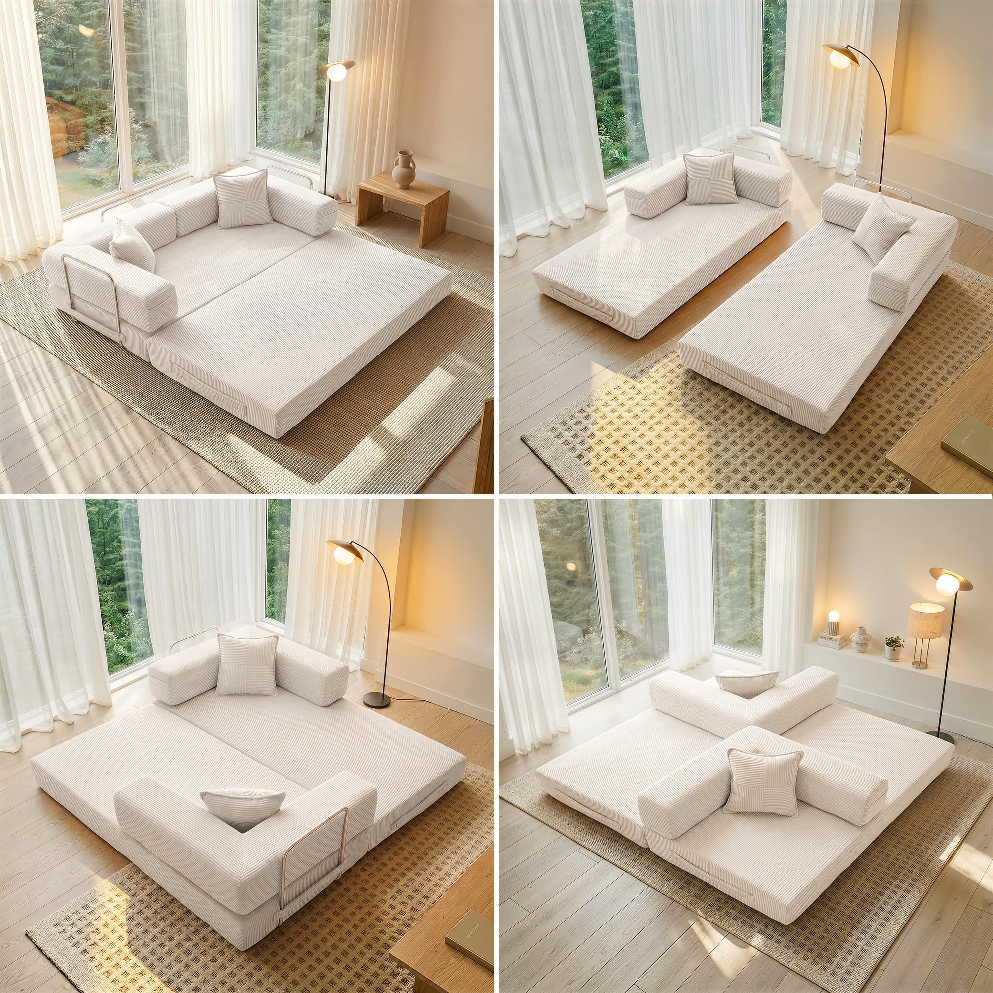 YINIX Składana Sofa 3-osobowa Łóżko Gościnne 200cm XXL, Modułowa Sofa Podłogowa ze Sztruksu z Metalową Ramą, Antypoślizgowa, Zmywalna (Biały, 200cm (3-osobowa))