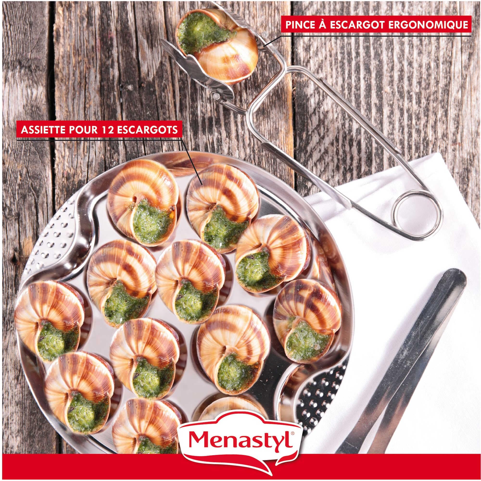 Menastyl 5040063 The Kitchenette-Servizio 18 Pezzi, 6 Piatti da 12 Ø 19 cm + 6 pinzette 6 forchette per lumache, Acciaio Inossidabile