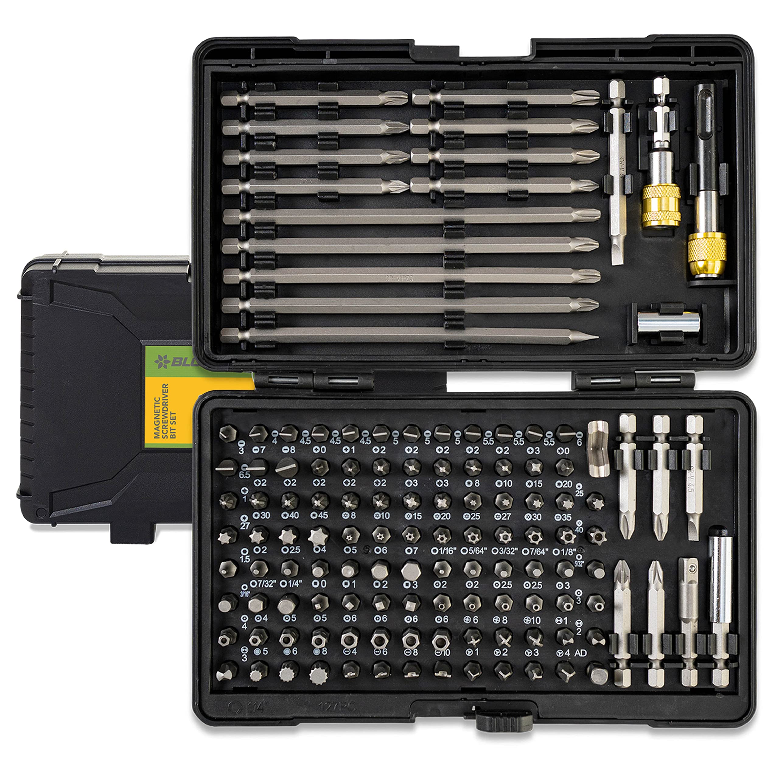 BLOSTM 127 Piece Magnetic Screwdriver Bit Set - Chrome Vanadium Steel Security Bit Set, Magnetic Bit Holder, Adaptors, 1/4" Bits (Hex, Cross & More) for DIY, Computer, Auto Repairs - With Storage Case