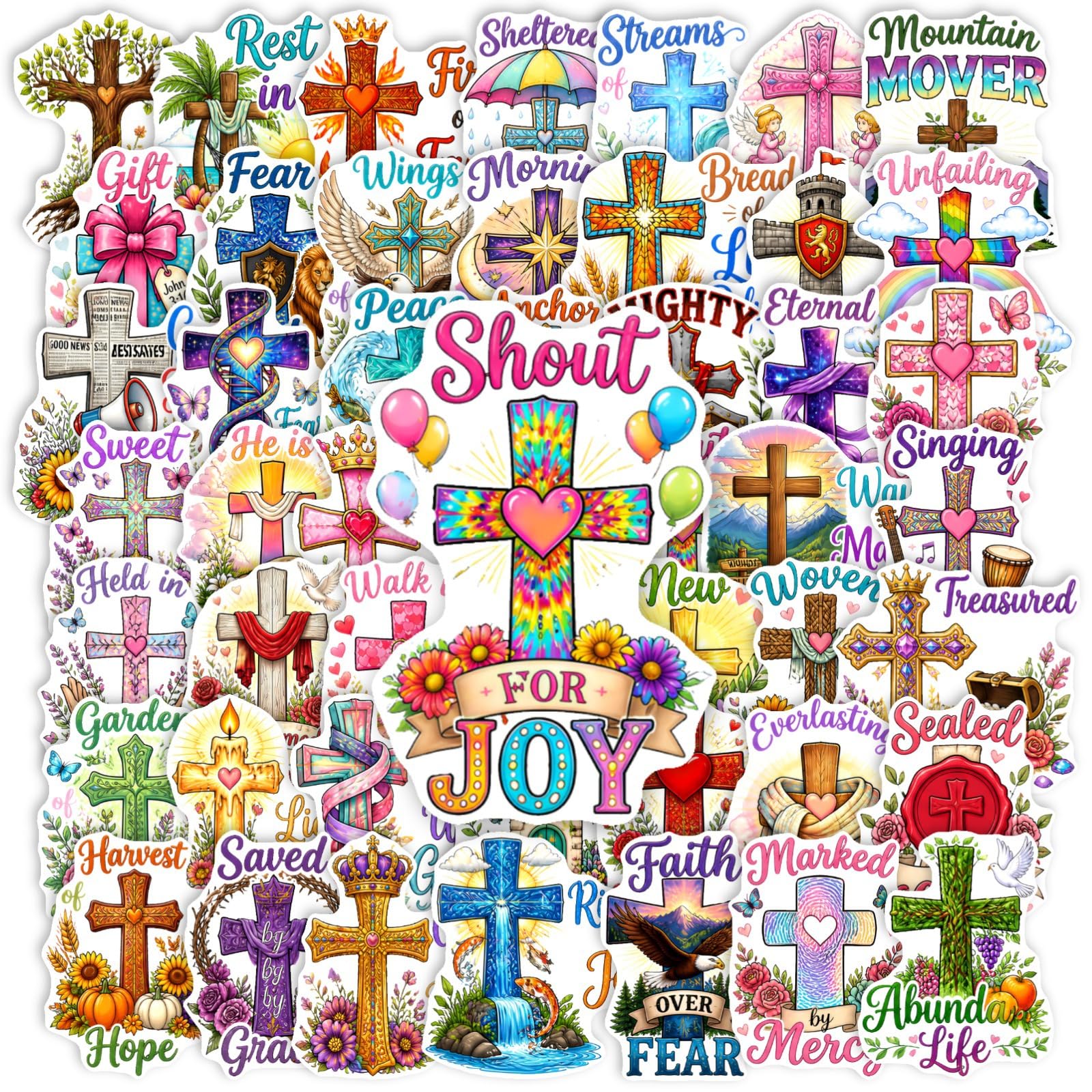Pack of 50 Watercolour Cross Faith Vinyl Stickers Waterproof Self-Adhesive