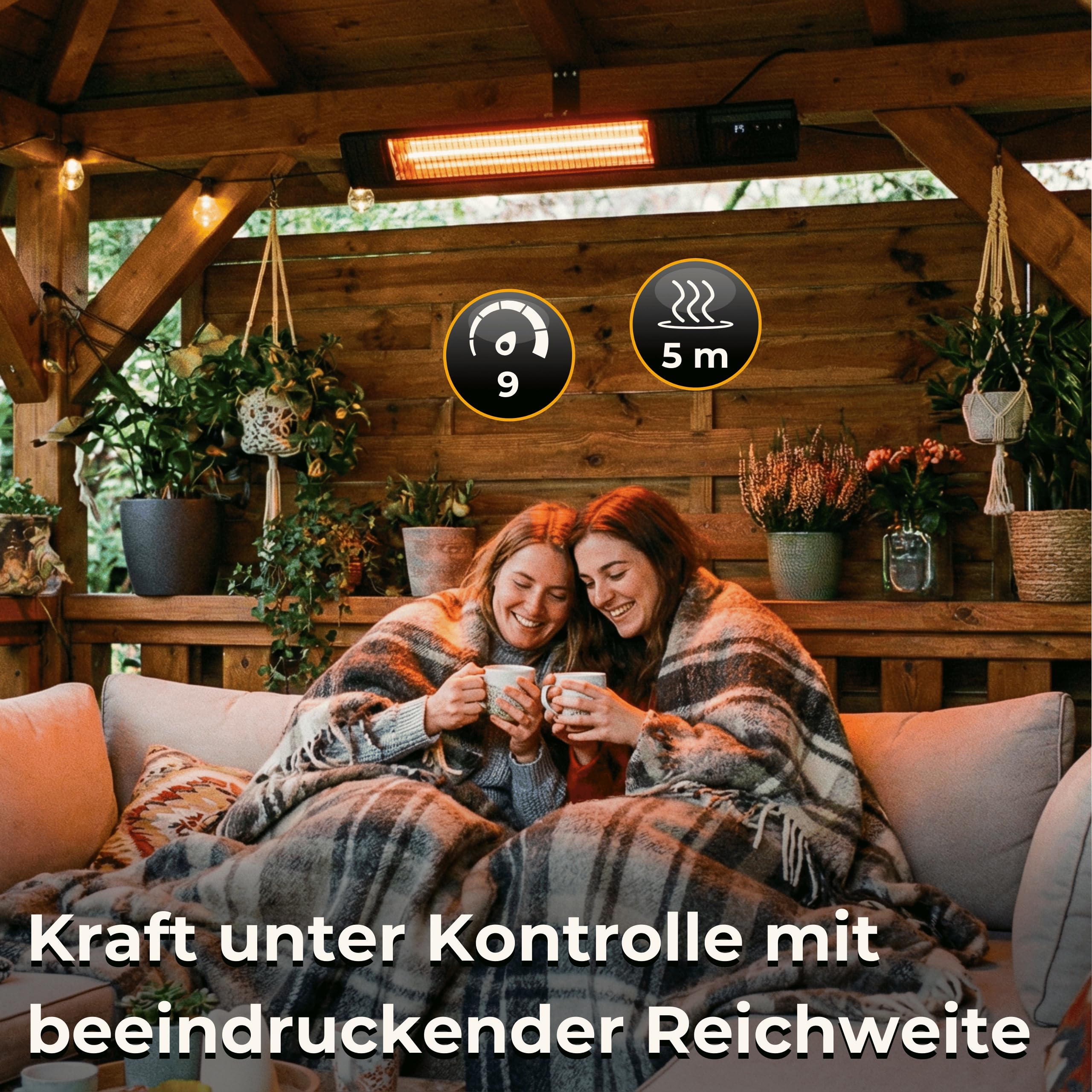 Infrarot Heizstrahler 2500W, 9 Stufen, IP65, Montageketten, Fernbedienung, Timer, Elektroheizung RAY, Terrassenheizer Outdoor, Wandheizung, Infrarotheizung, Heizstrahler Terrasse & Innenraum