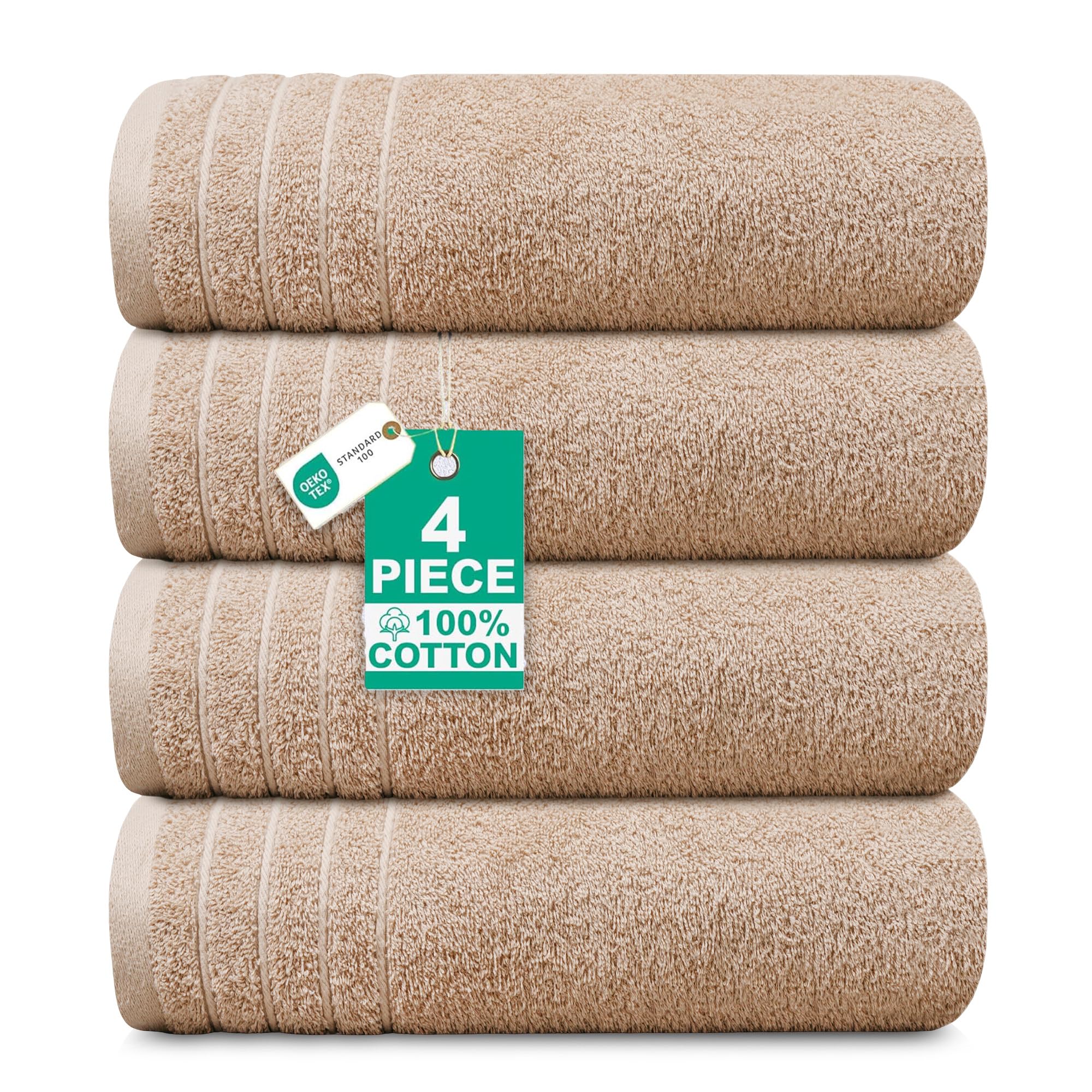 Set di 4 asciugamani da bagno extra large (76 x 152 cm), 100% cotone, super morbidi e leggeri, ad asciugatura rapida e altamente assorbenti, qualità alberghiera, 450 g/m², beige