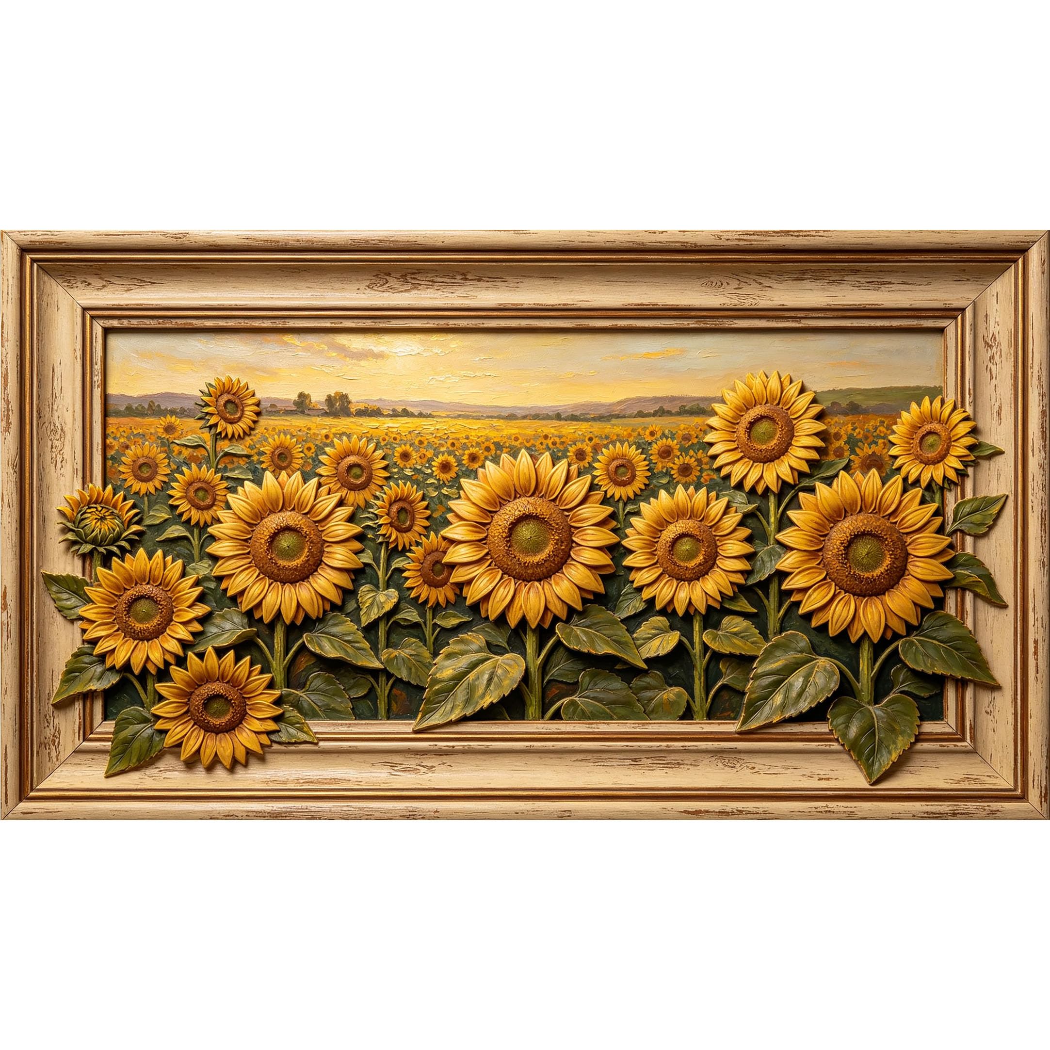 QZLITHOTIC 50×90cm3D Framed Wall Art， Golden Sunflower Field Farmhouse Oil Painting SelfAdhesive Mural， WaterActivated Peel & Stick Fabric Decor Wall Decal for Bedroom Living Room