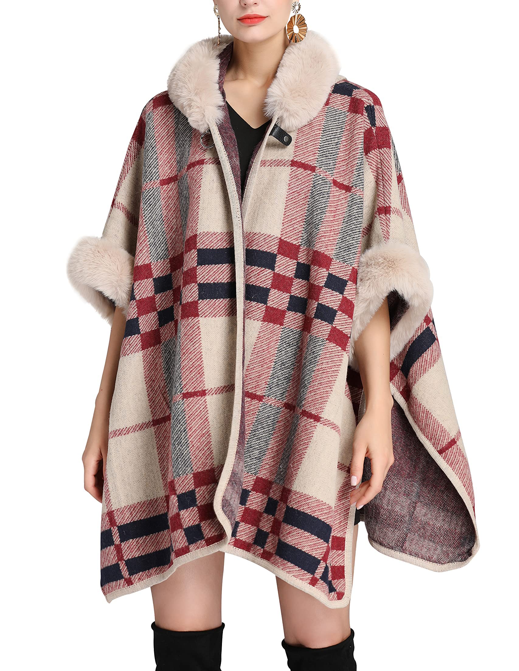 Hotmiss Women's Bridal Batwing Sleeve Plaid Faux Fur Hooded Cloak Poncho Sweater Cape Shacket Coat