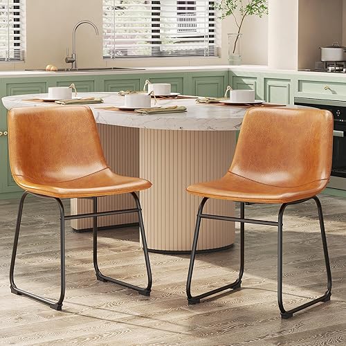 Juego de 2 sillas de comedor, sillas de comedor sin brazos de piel sintética con respaldo, silla moderna de cocina comedor de 18 pulgadas con patas