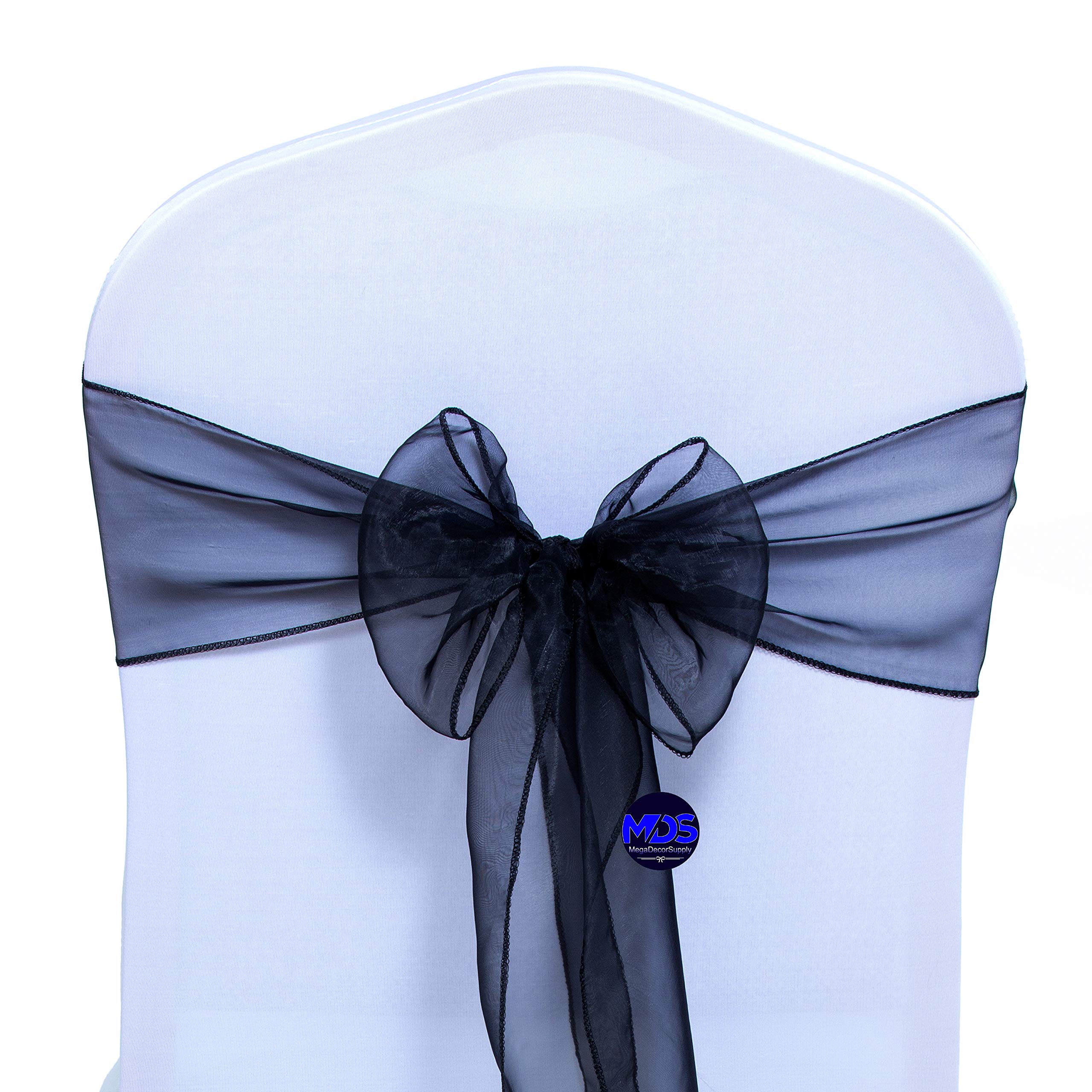 MDS Pack of 100 Organza Chair Sashes Bows for Wedding Reception Event Banquets Chair Decoration, Restaurant Dinning Chair Cover Wider Sash Ribbon Tie Back Bulk Party Supplies - Black