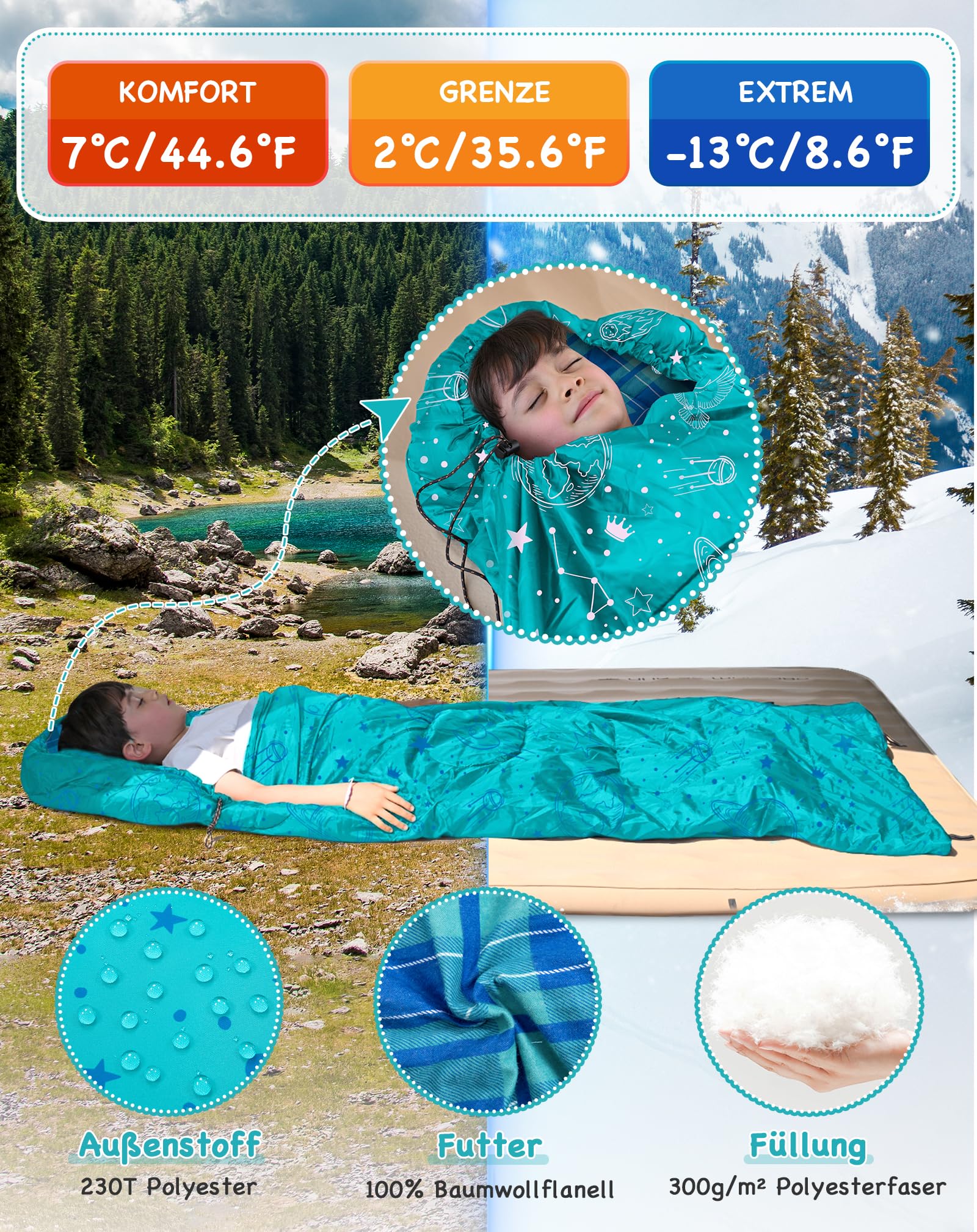 Kingcamp Kinderschlafsack Baumwolle Flanell Sommer bis 145cm | Deckenschlafsack für Kinder 10-12 Jahre: warm, komfortabel&wasserabweisend–ideal für Camping&Outdoor-Reisen
