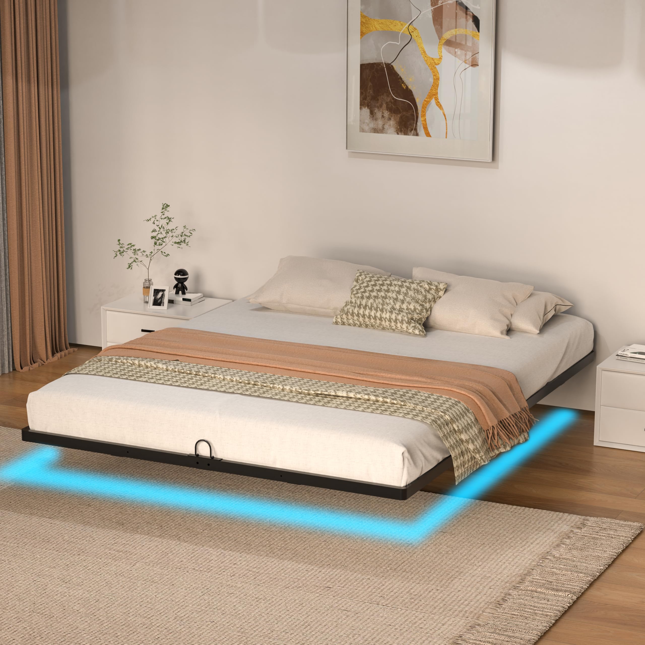 Floating Bed Frame with Smart LED Lights Metal Platform Bed Easy Assembly No Box Spring Needed (Queen)
