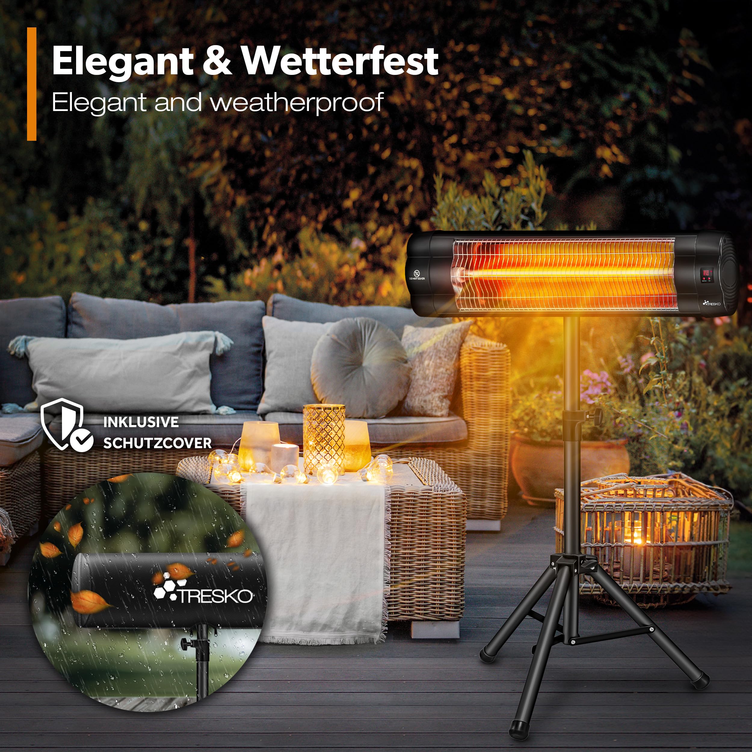TRESKO Infrarot Heizstrahler 2500W mit Fernbedienung | Wärmestrahler elektrisch mit 3 Heizstufen | Terrassenstrahler Innen & Außen | Infrarotstrahler höhenverstellbar