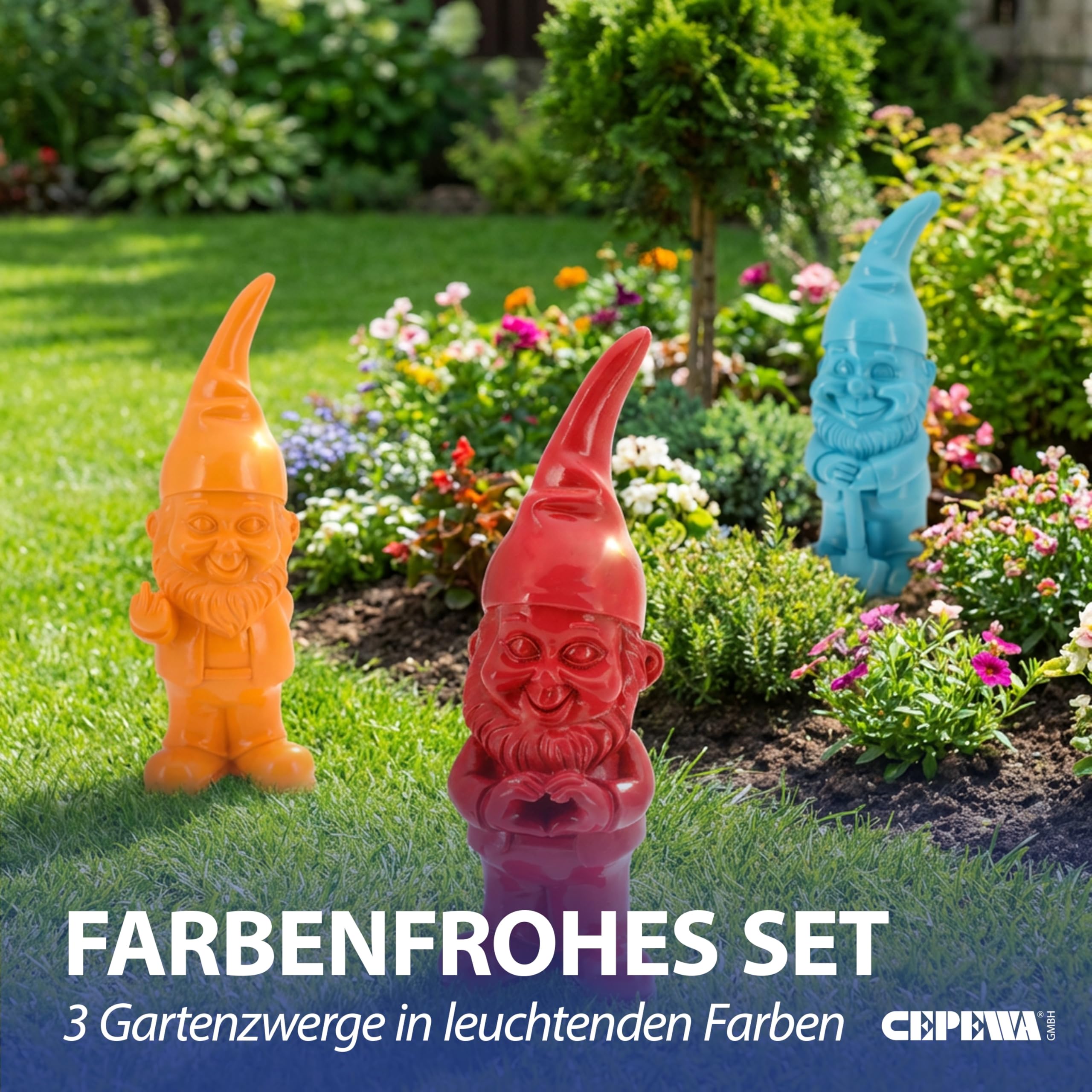 Cepewa XXL Gartenzwerg 3er Set | Polyresin rot türkis orange 20x60x16cm | Dekofigur zum Aufstellen in Haus und Garten | Gartenfigur Zwerg Beetwächter (1 x 3er Set XXL Gartenzwerge rot türkis orange)
