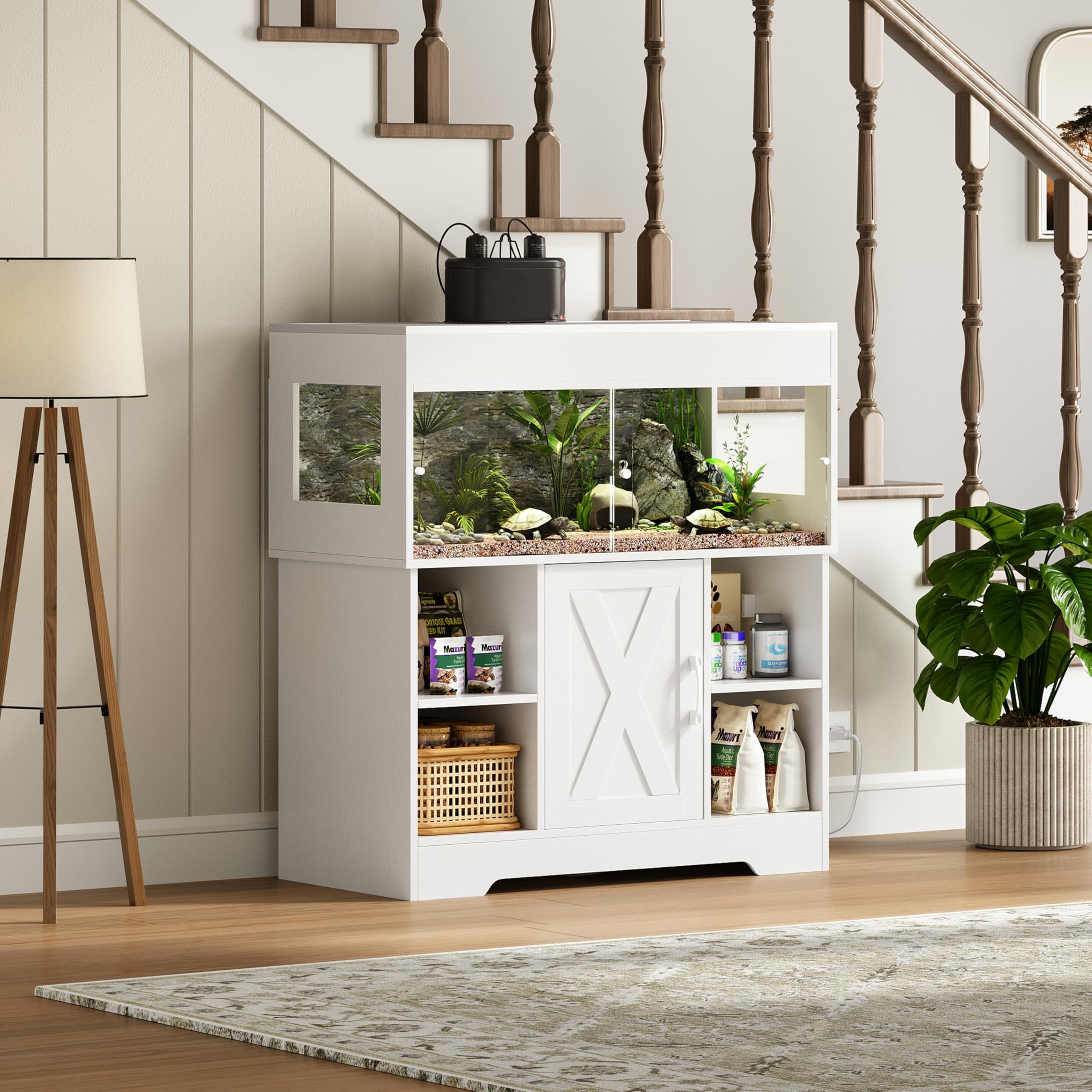 Herture Großes Terrarium mit Unterschrank Terrarienschrank mit Klappdeckel, Schiebetüren, integrierter Steckdose & Stauraum für Reptilien