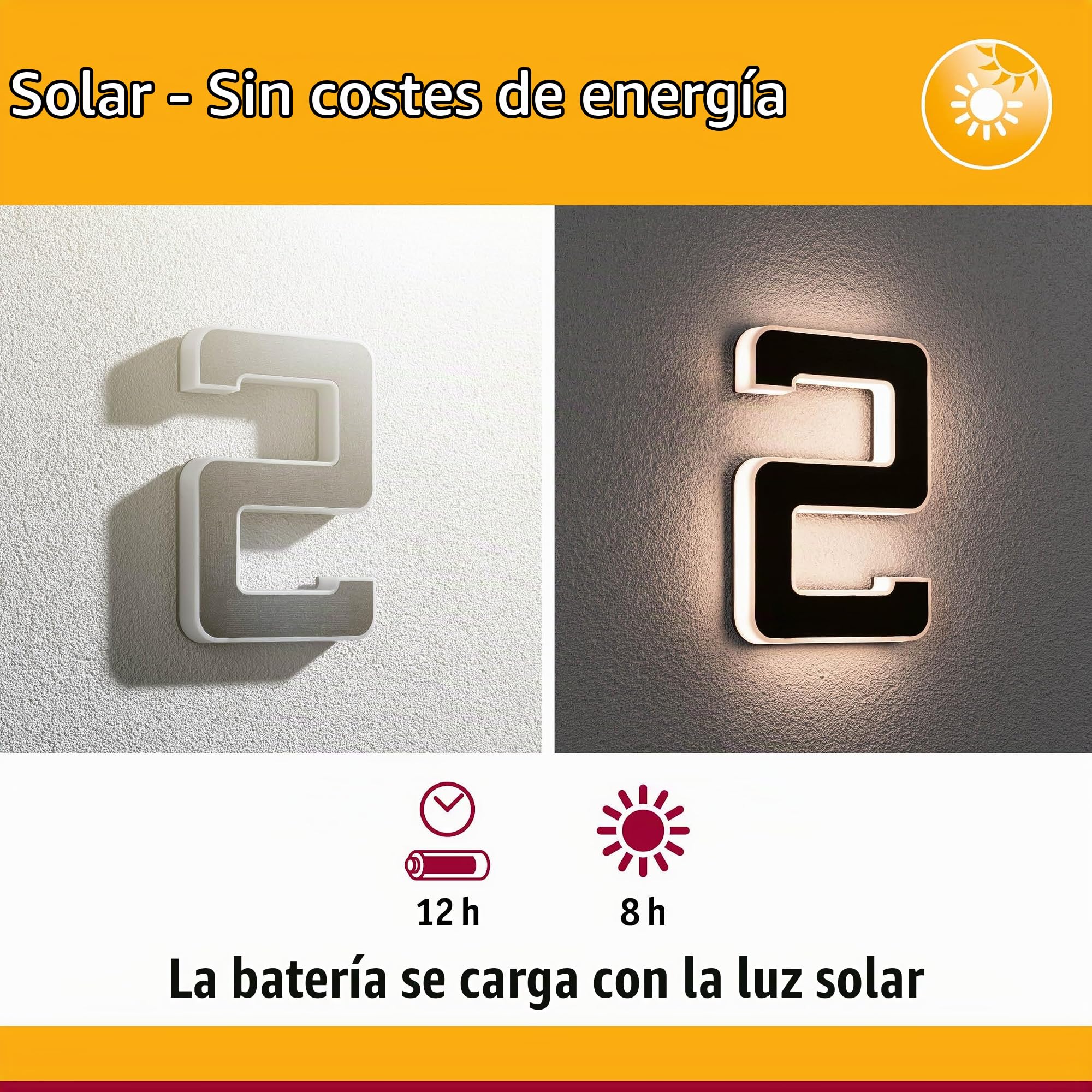 Paulmann 79843 Número de casa 2 LED Solar IP44, blanco cálido, batería intercambiable incl. 1x0,2 W, luminaria solar, negro, lámpara solar, plástico, luz solar 3000 K
