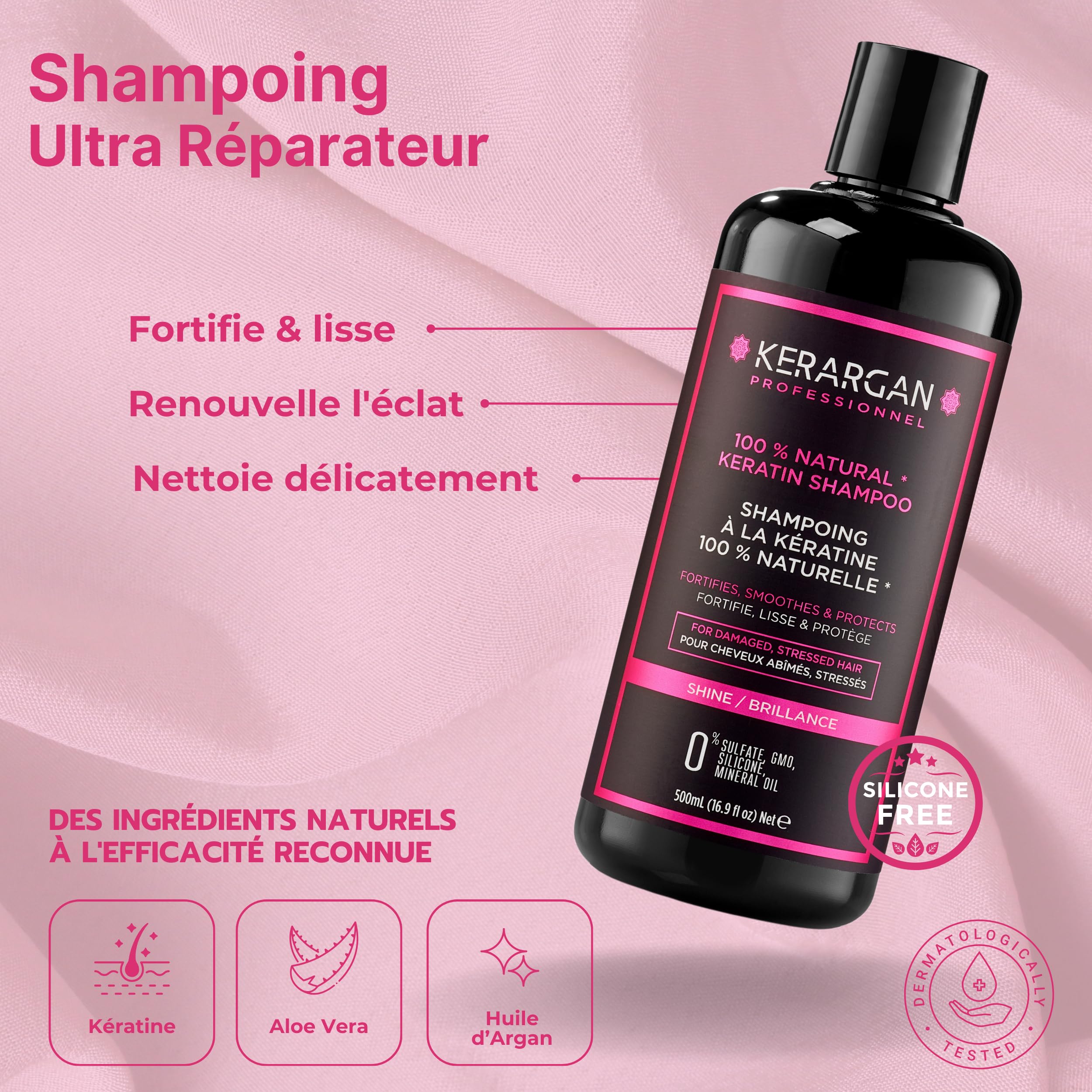 Kerargan - Ensemble Ultra Réparateur Shampoing, Après-shampoing, Masque, Sérum & Leave-In à la Kératine - Rénove & Protège Cheveux Abîmés - Sans Sulfate, OGM, Silicone - 3x500 ml + 100 ml + 350 ml | Shampoing, après-shampoing, masque, sérum et soin sans r