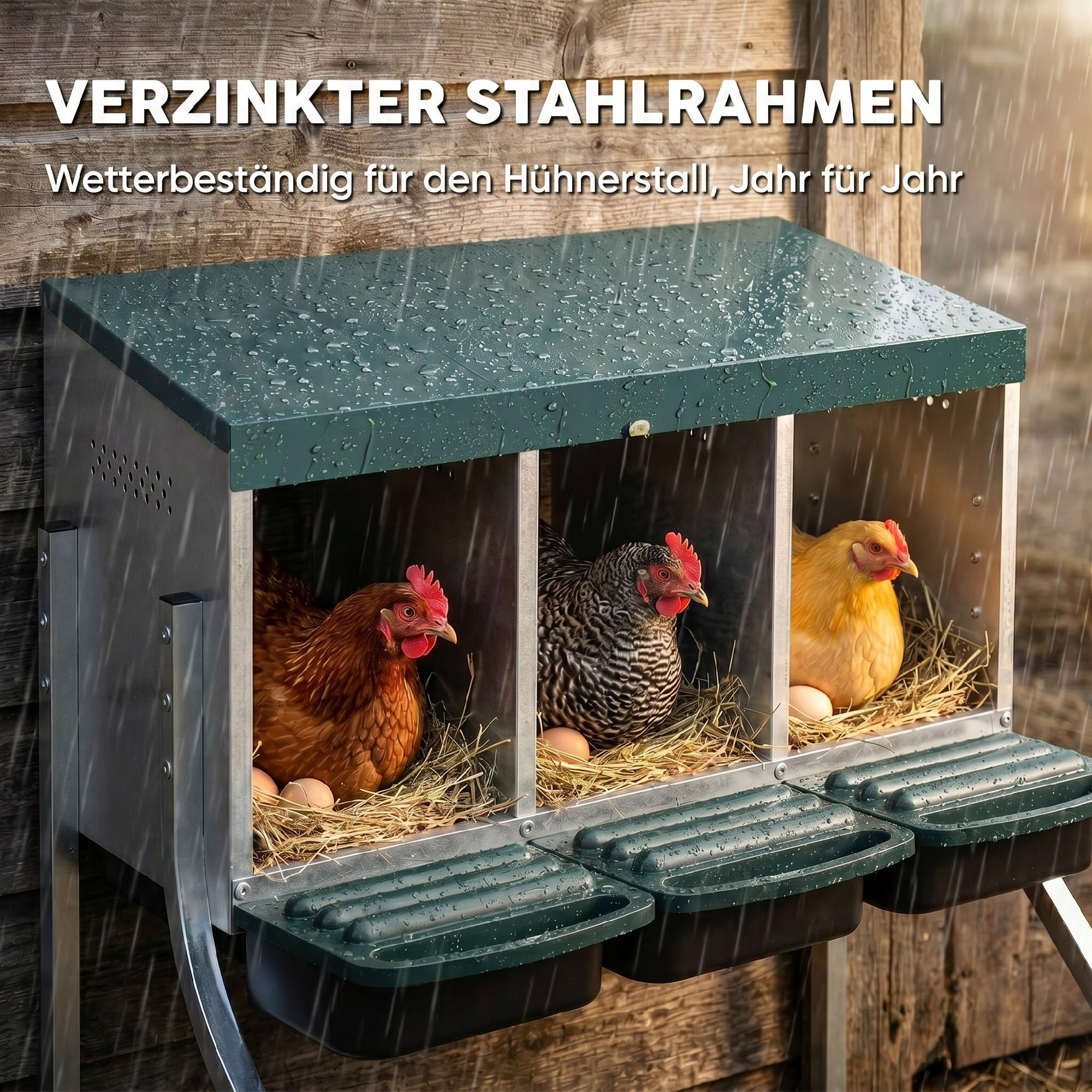 PawHut Legenest für Hühner, Abrollnest mit Belüftungslöchern, 3 Fächer, Hühnernest für 3 Hühner, Geflügelnest für Kleintierstall 84 x 55 x 61 cm, Silber