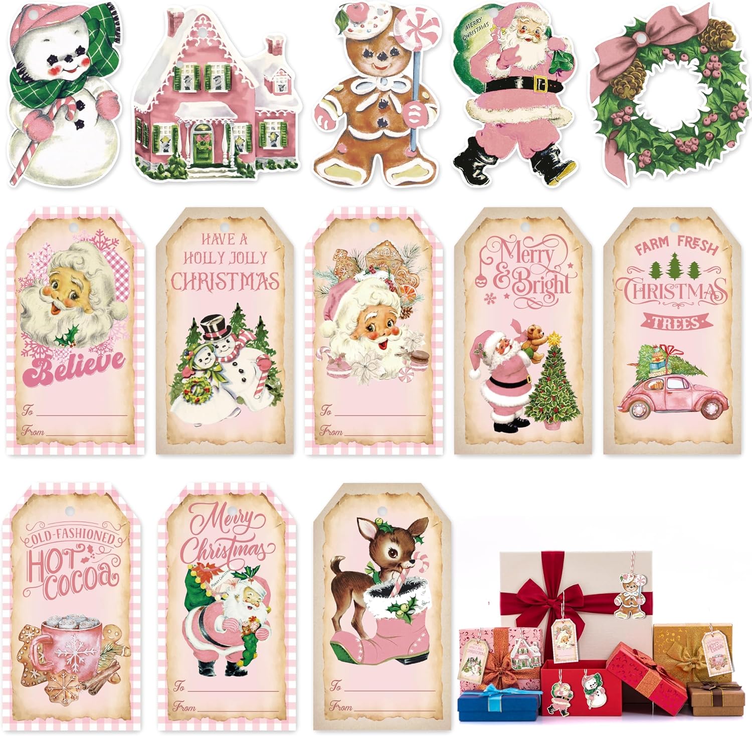 K1tpde 137PCS Pink Vintage Christmas Gift Tags with 30m Hemp Rope Merry Christmas Hanging Paper Tags with String Decor for Xmas Tree Winter Holiday Wish Labels for Gift Wrapping Presents