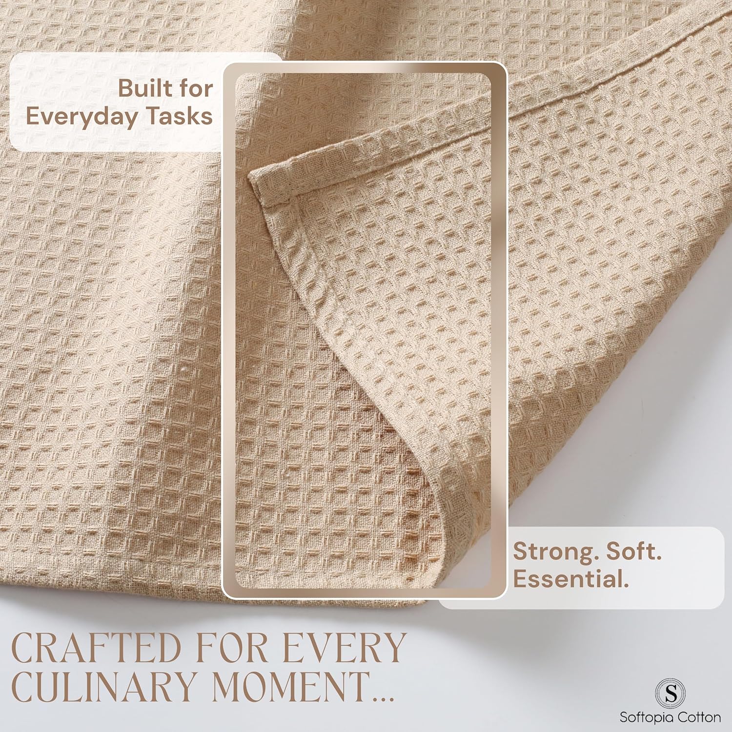 Beige Waffle Kitchen Dish Towels, 100% Cotton, Quick Dry, Super Absorbent, Soft, Lint-Free, 16x26 Inches - Ideal for Dish Drying, Bar, Tea, Cleaning, and Everyday Use, 12 Pack, Tan