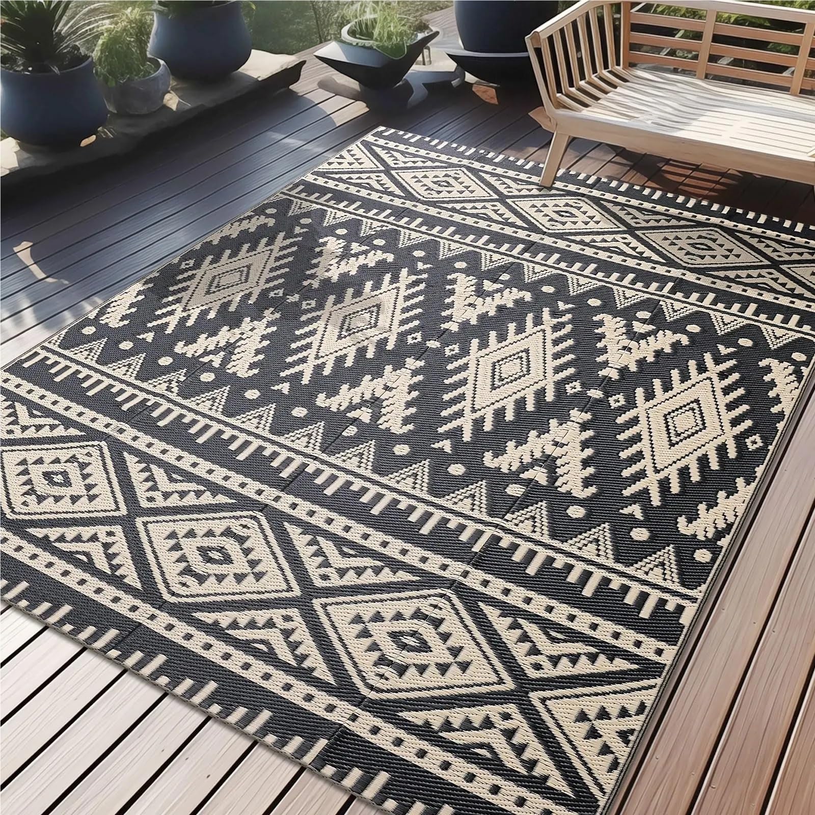 Dywan na zewnątrz, Dywaniki zewnętrzne na taras, kemping, piknik, balkon, do ogrodnictwa, kempingu(Black Beige,5X8inch(150x240cm))