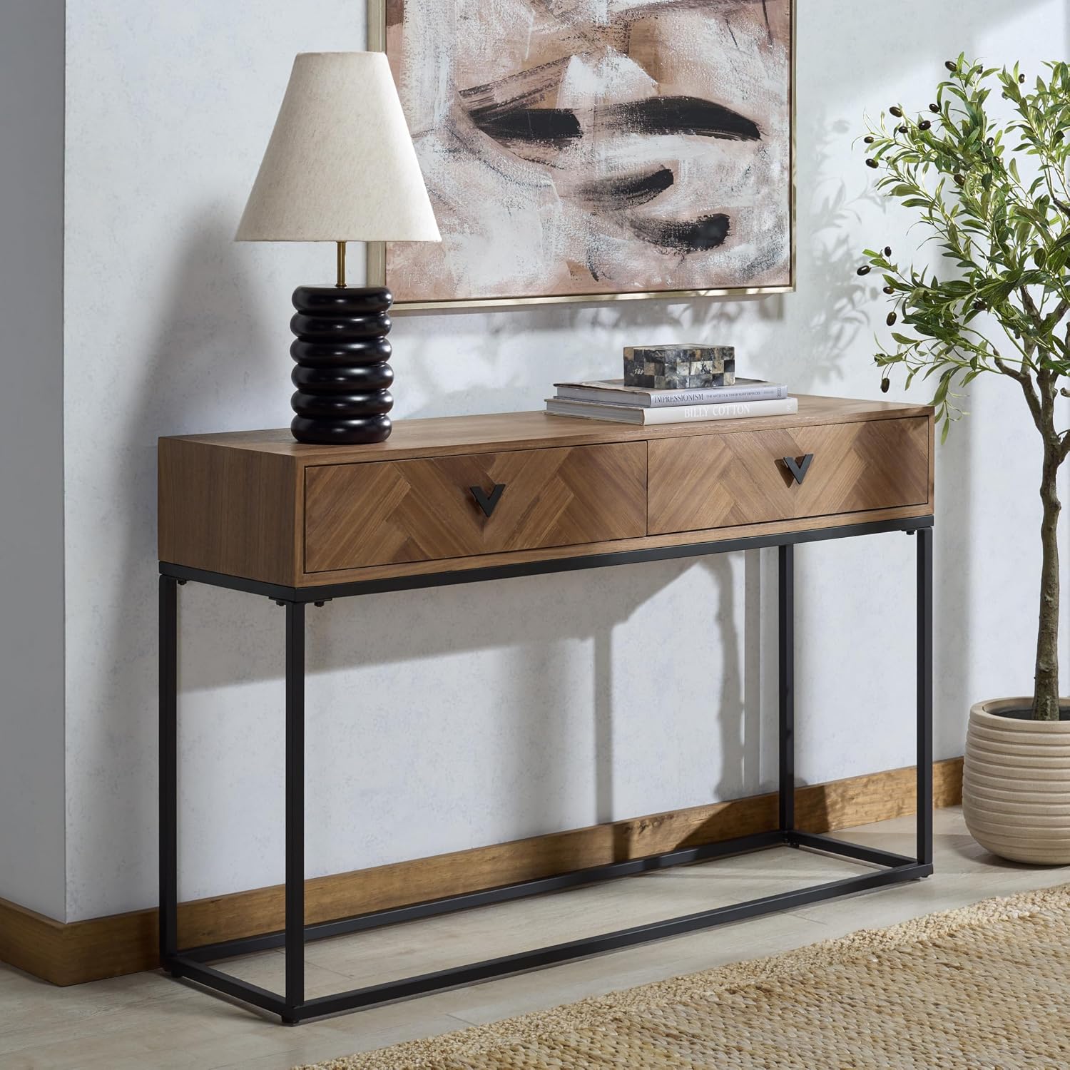 SAFAVIEH Couture Collection - Sherriandra Walnut & Black Metal Console Table with 2 Drawers, Modern Accent (SFV3010B)