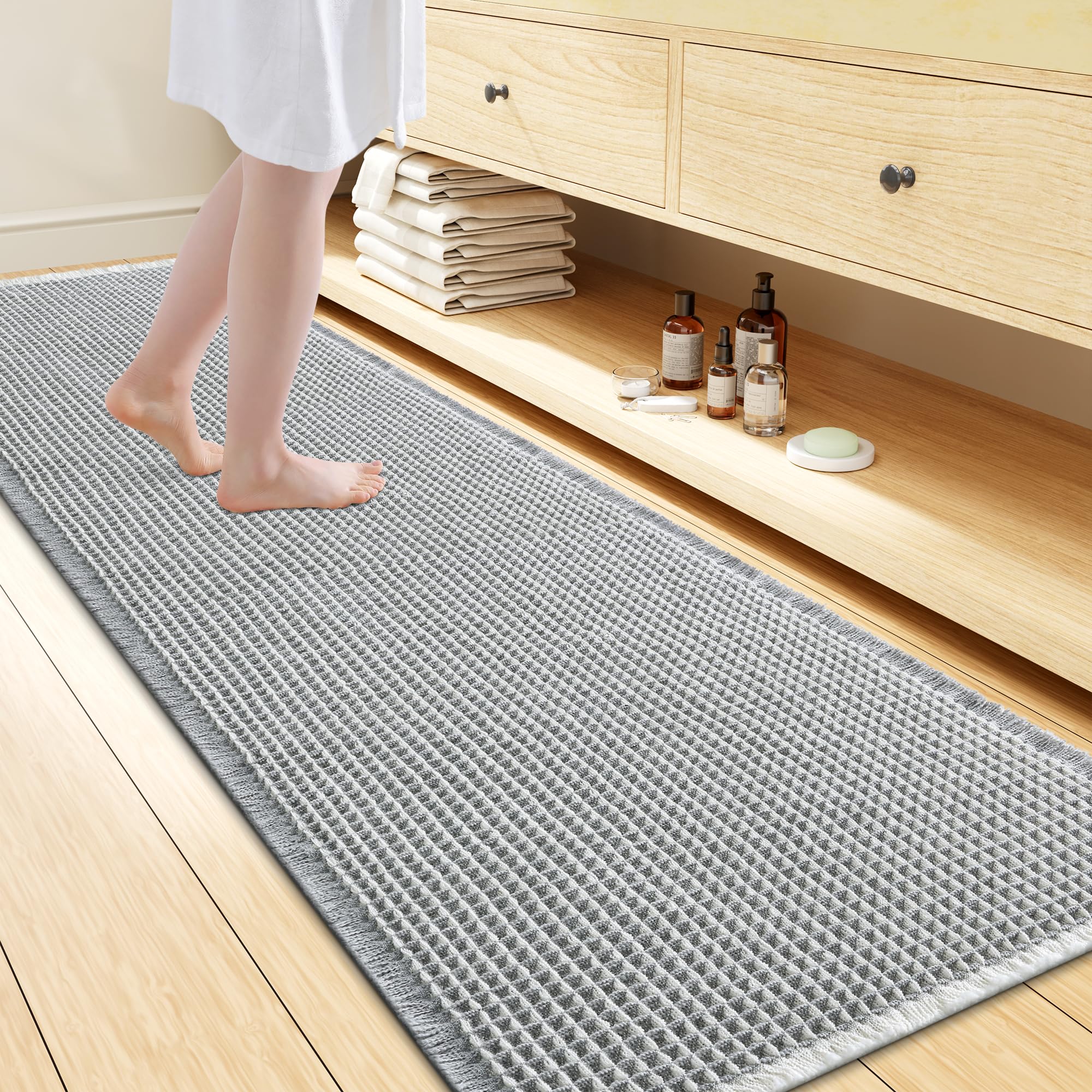Smiry Waffle Bath Mat 72X24, Soft Absorbent Bathroom Rug, Lightgrey &amp; Cream
