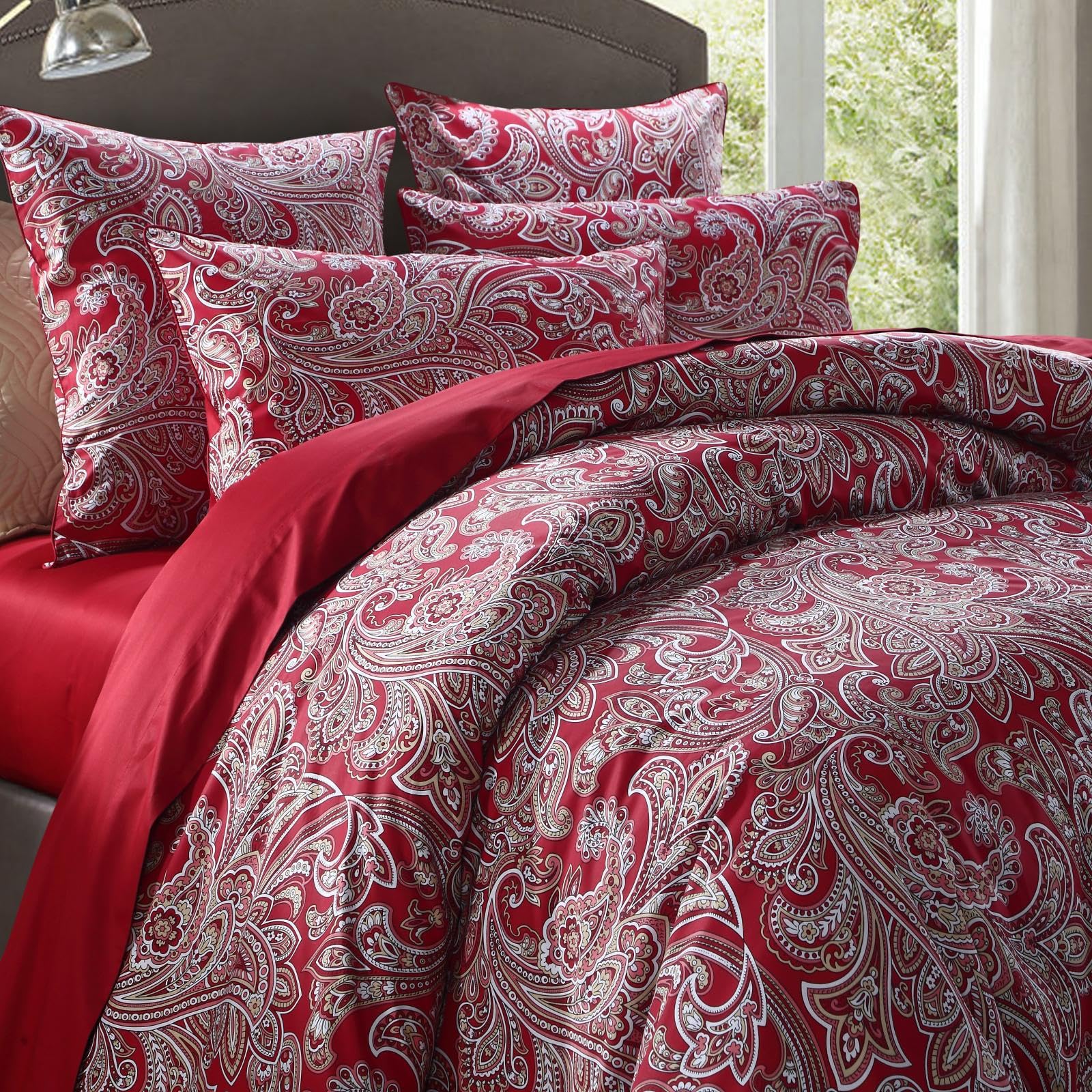 USTIDE Boho Red Paisley Double Duvet Cover Set, 3-Piece Soft Cotton Bedding with 2 Pillowcases, Quilt Cover with Button Closure, Bohemian Style Bed Linen — image 1