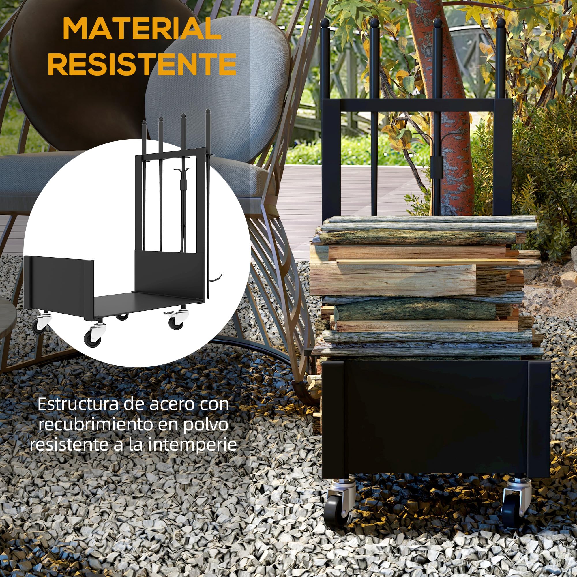 Outsunny Soporte para Leña con Ruedas Estante de Leña Metálico Leñero de Exterior con Pala Escoba Atizador y Tenazas 48x30x76 cm Negro