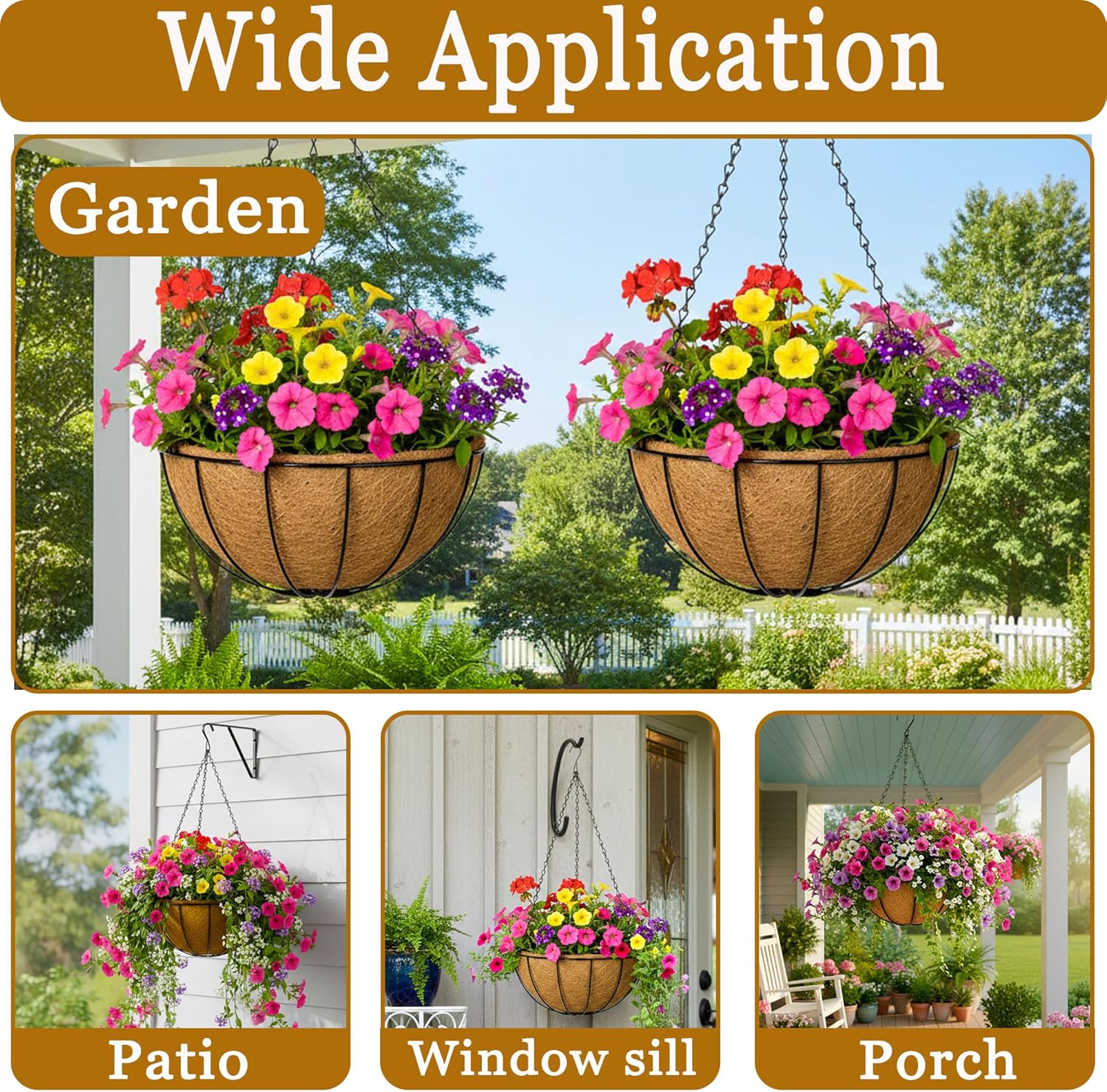 4 Pack Hanging Planters 14 Inch Metal Hanging Planter Basket Flower Pots with Coco Coir Liners Round Wire Plant Holder with Chain for Indoor Outdoor Patio Porch Garden Decoration（XG）