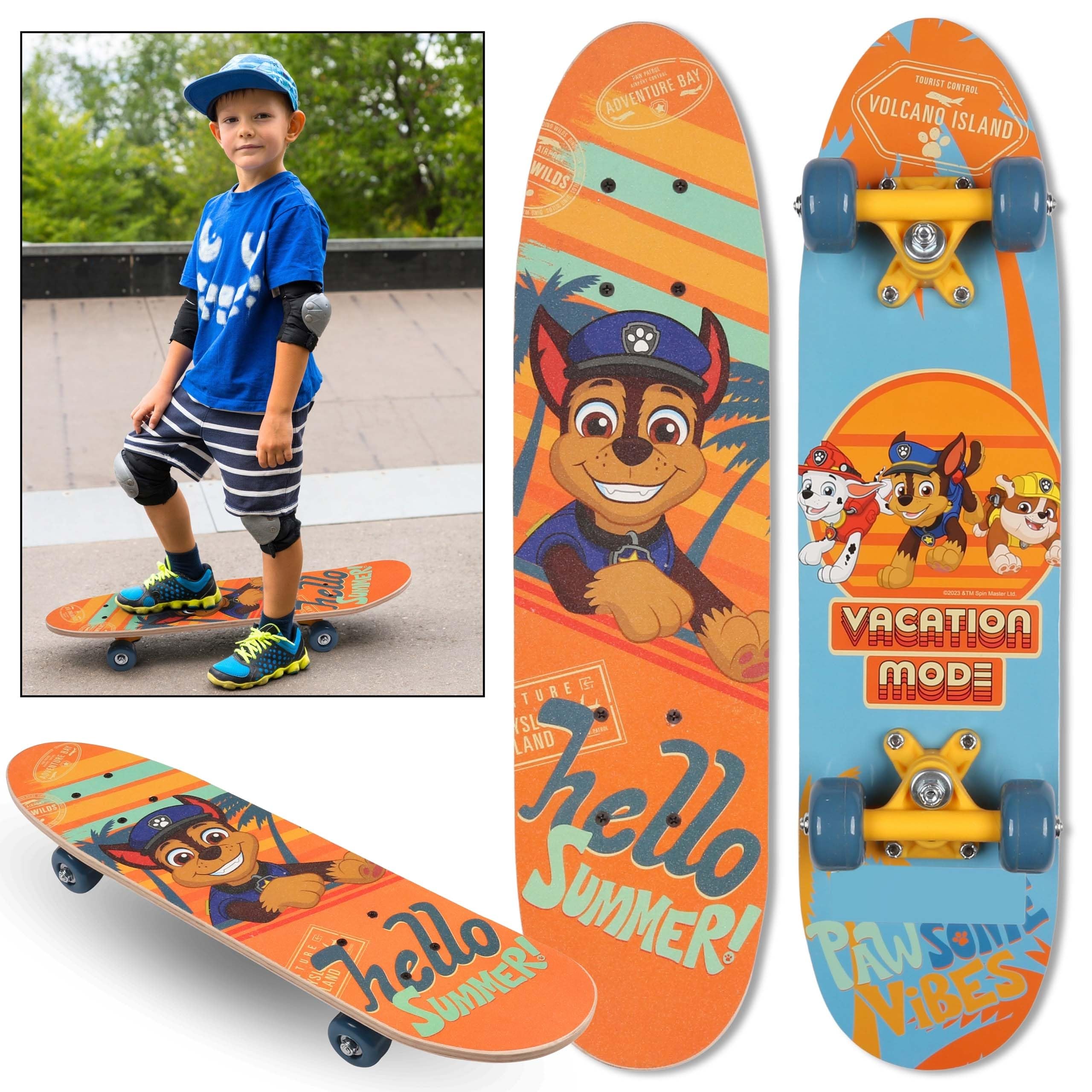 Paw Patrol Chase Monopatín de Madera para niños, Tabla Antideslizante 20-50kg, 61 cm