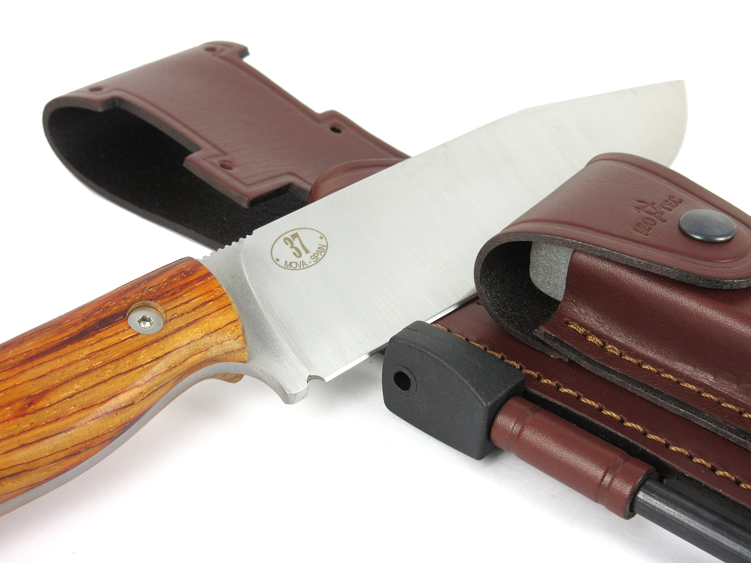 JEO-TEC Nº37 Couteau de Survie à lame fixe pour le Camping Bushcraft Randonnée Plein Air, lame Fixe en acier inoxydable, étui en cuir, Fabriqué en Espagne