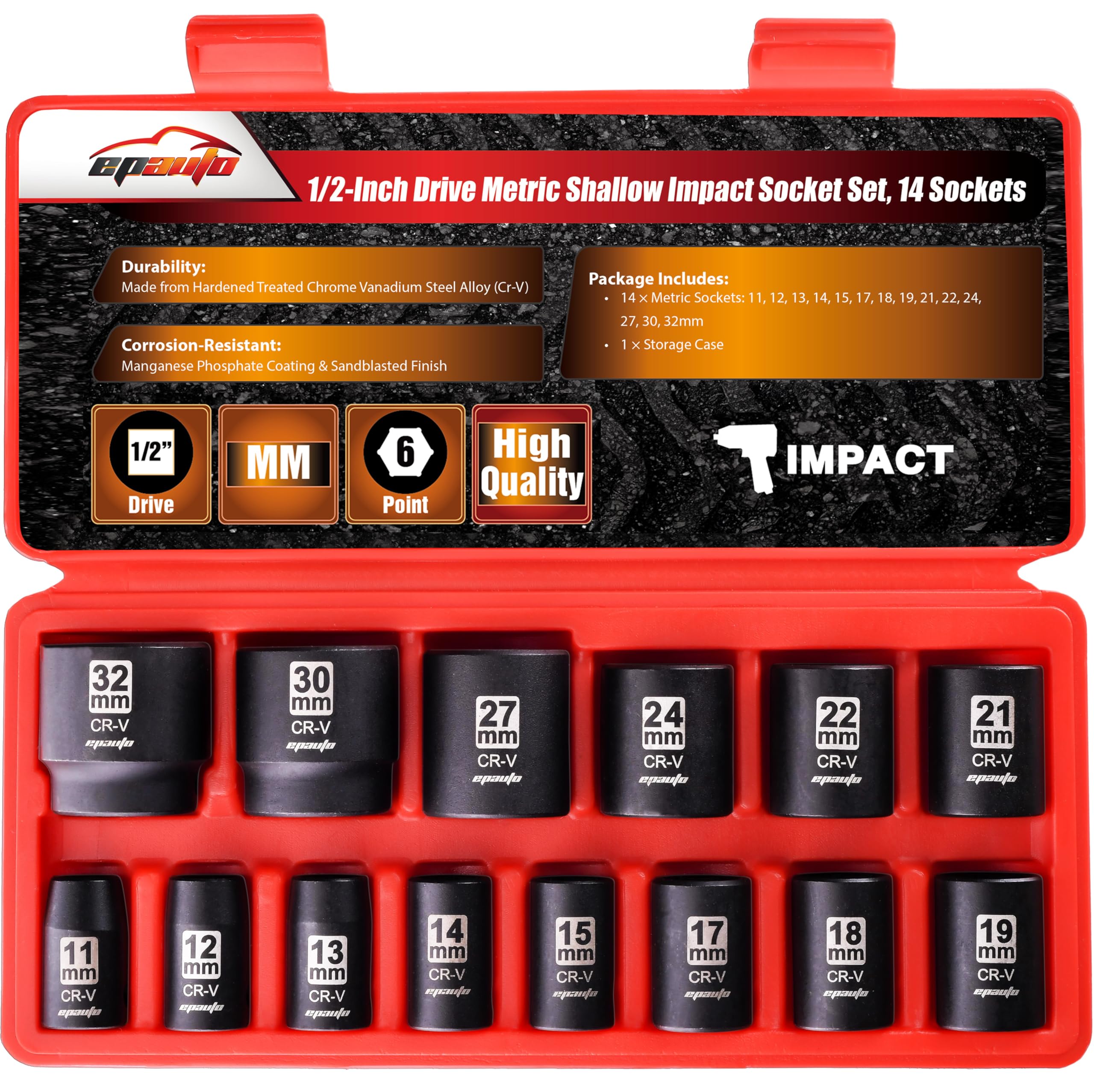 EPAuto 1/2-Inch Drive Metric Shallow Impact Socket Set, Cr-V, 6-Point, 14 Sockets