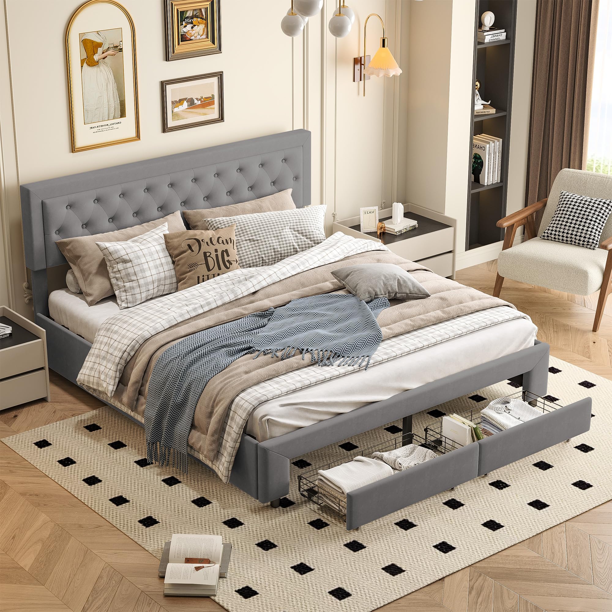Letto Matrimoniale King Size 180x200cm con Stoccaggio Idraulico e 2 Cassetti, Letto Matrimoniale con Testiera e Sommier, in Velluto, Design Moderno (Senza Materasso)
