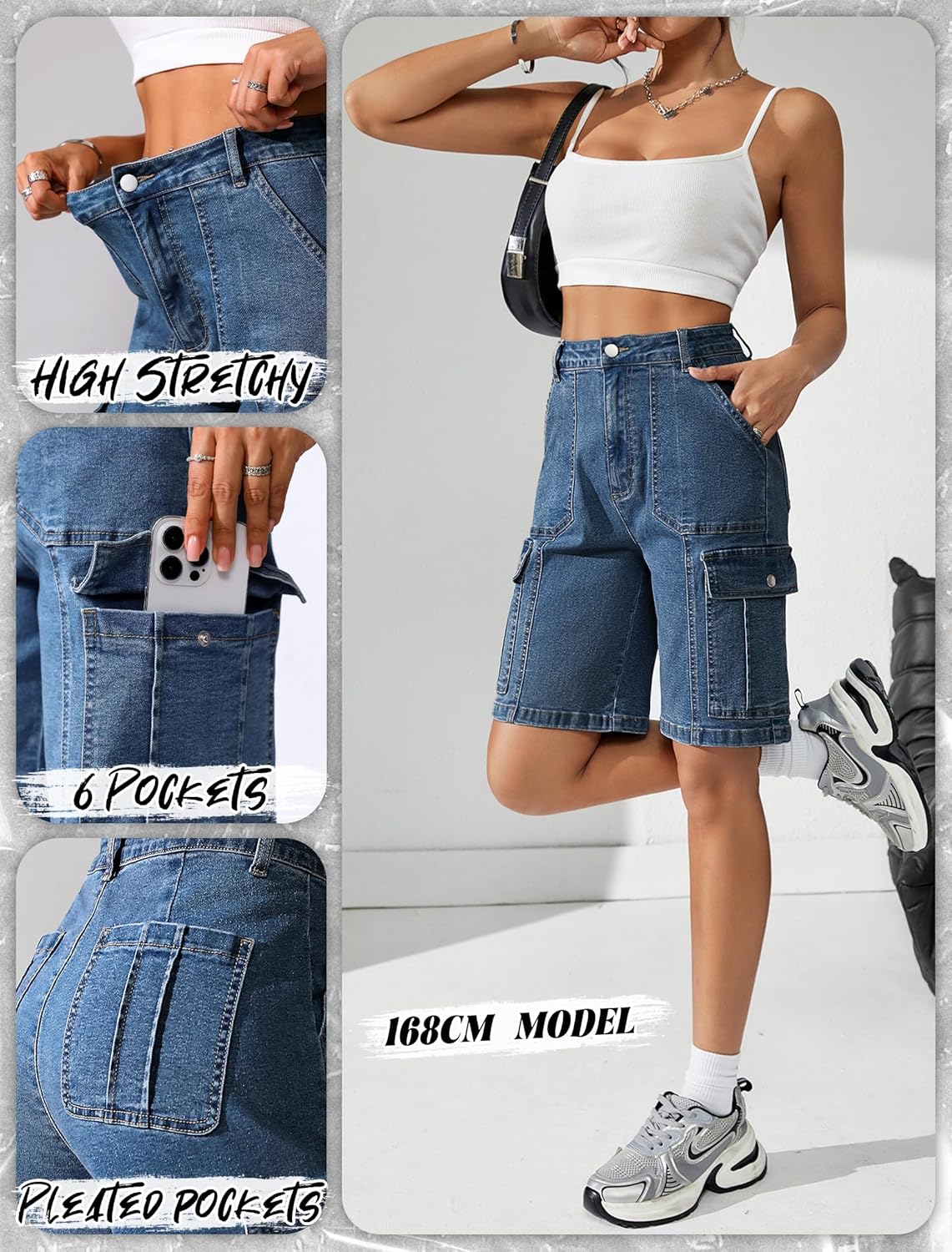 Eddoyee Bermuda Cargo Shorts for Women Casual Long Knee Length High Waisted Stretch Wide Leg Relaxed Fit
