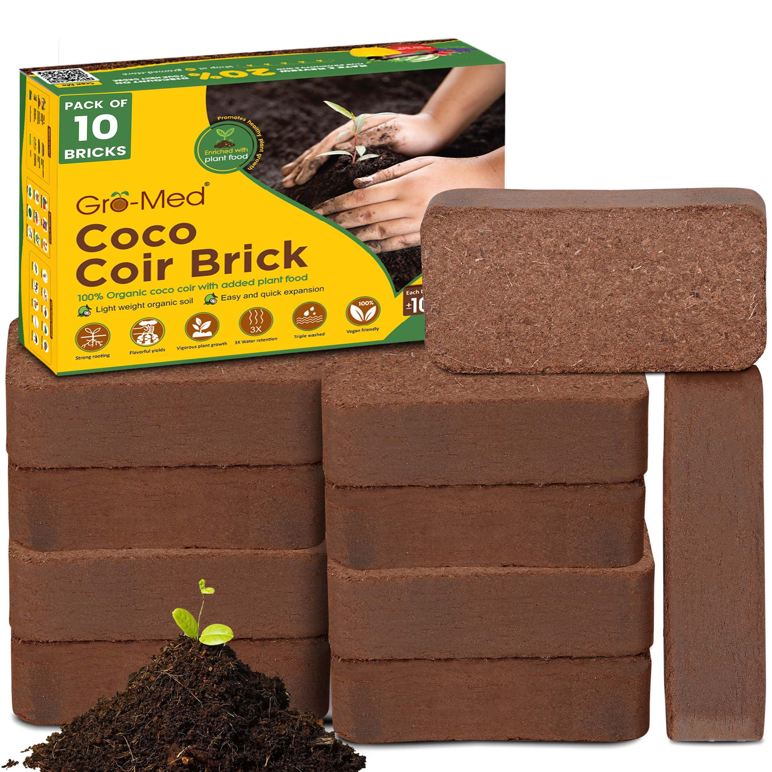 Gro-Med Coco Coir Bricks – 10 Pack (650g Each) | Expands to 100 Quarts | NPK Enriched, OMRI Listed | Organic Coconut Fiber for Indoor & Outdoor Gardening, Potting Soil & Mix