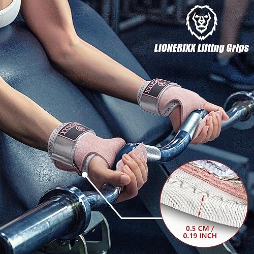 Miniatura 4 de Correas de muñeca rosas para levantamiento de pesas para mujeres, agarres de entrenamiento de cuero de doble capa para peso muerto y levantamiento