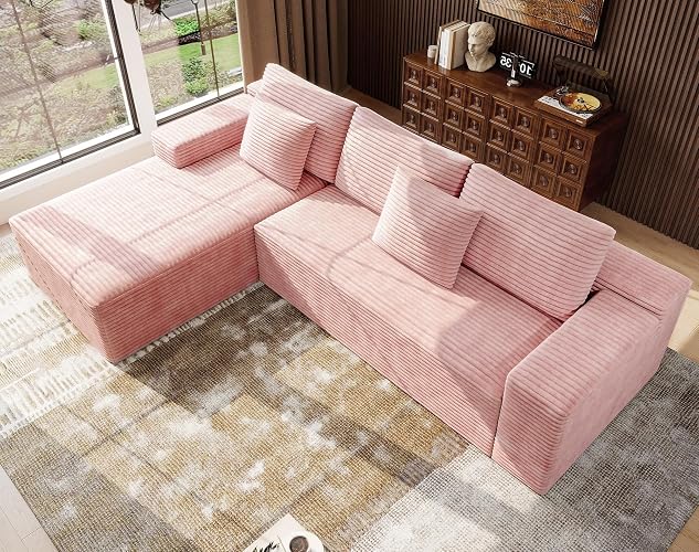 Boneless Modular Sectional Sofa, Cloud Couch with Left Facing Chaise, Oversized Deep Seat, L-Shaped, Soft Corduroy Fabric, Sectional Couch for Living Room -Pink - Pink With Left Facing Chaise