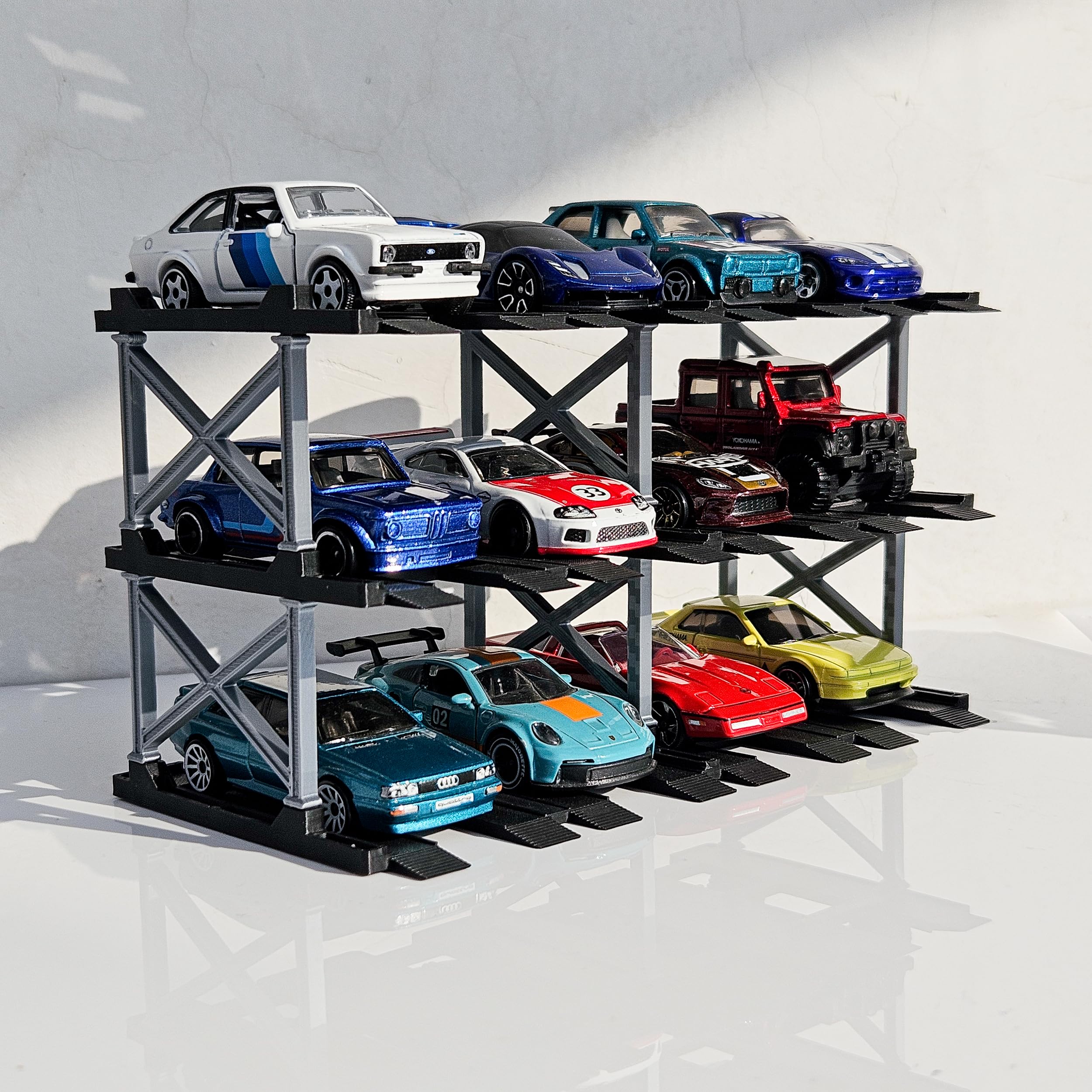 1:64 Diecast Car Display Enclousure– Multi-Tier Collectible Diecast Cars Storage for Hot Wheels, Mini GT & Matchbox | Matte Black & Silver (3 Tier – 12 Car Capacity)-image-7