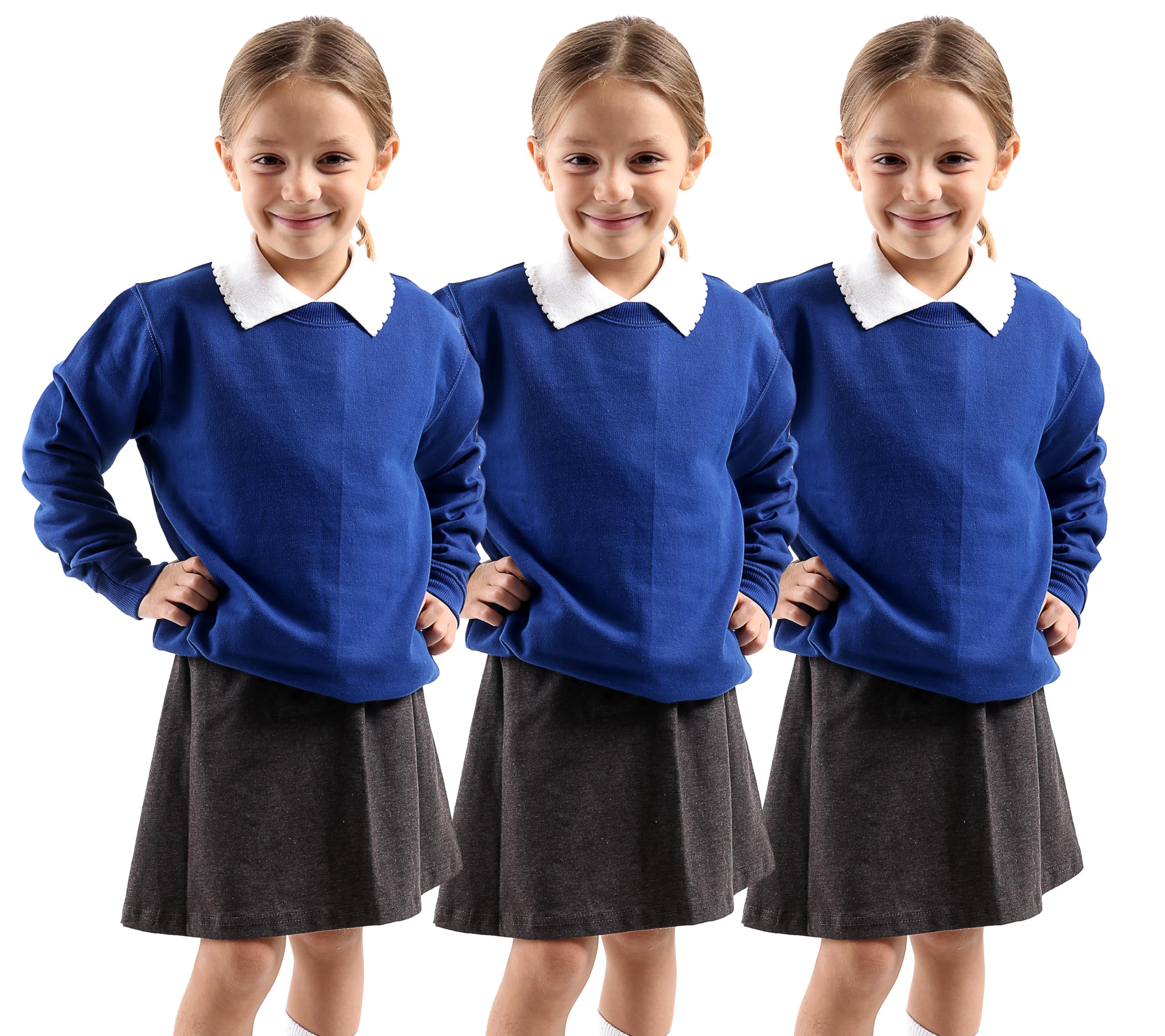 GW CLASSY OUTFIT3x Girls Boys Kids Round Neck Jumpers (Pack of 3) Long Sleeve Fleece Unisex Sweatshirts School Uniform PE Tops UK Size