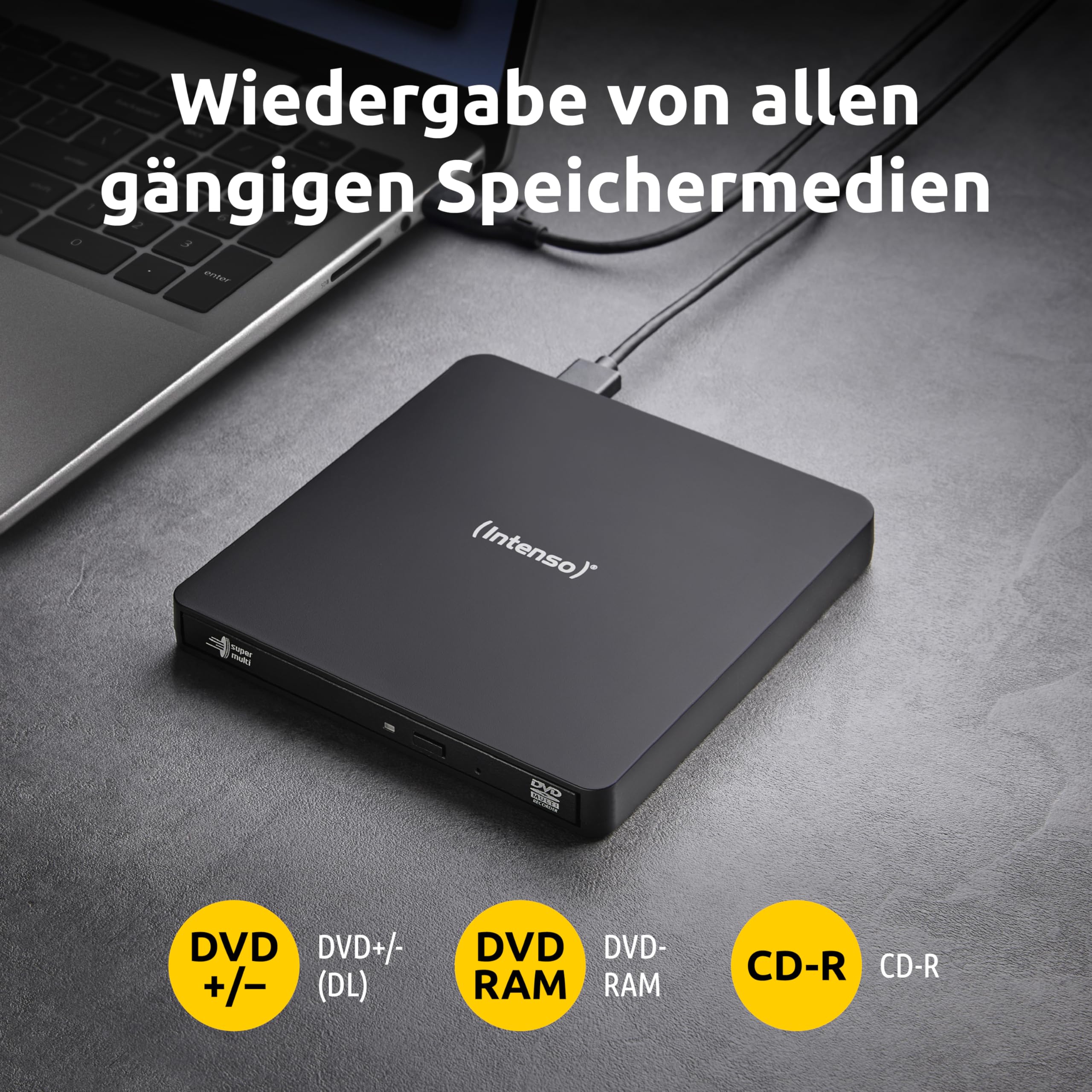 Intenso externes CD/DVD Laufwerk/externer Brenner EOD 400D Slim, USB 3.2, für Laptop, Desktop PC, iMac, MacBook, Windows, MacOS, inkl. kostenloser Brenn-Software Ashampoo Burning Studio, Schwarz