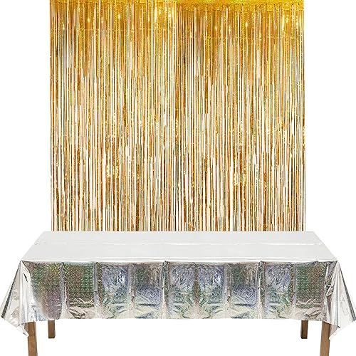 GREATRIL Cortinas con flecos de lámina dorada, 2 paquetes y manteles plateados para fiestas, 2 paquetes para decoración de fondo de fiesta