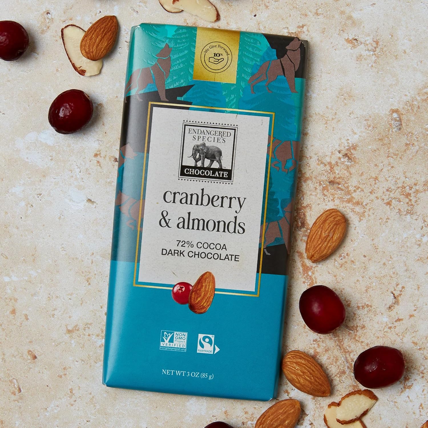 Endangered Species Dark Chocolate Bar w/Cranberries & Almonds (72% cocoa)