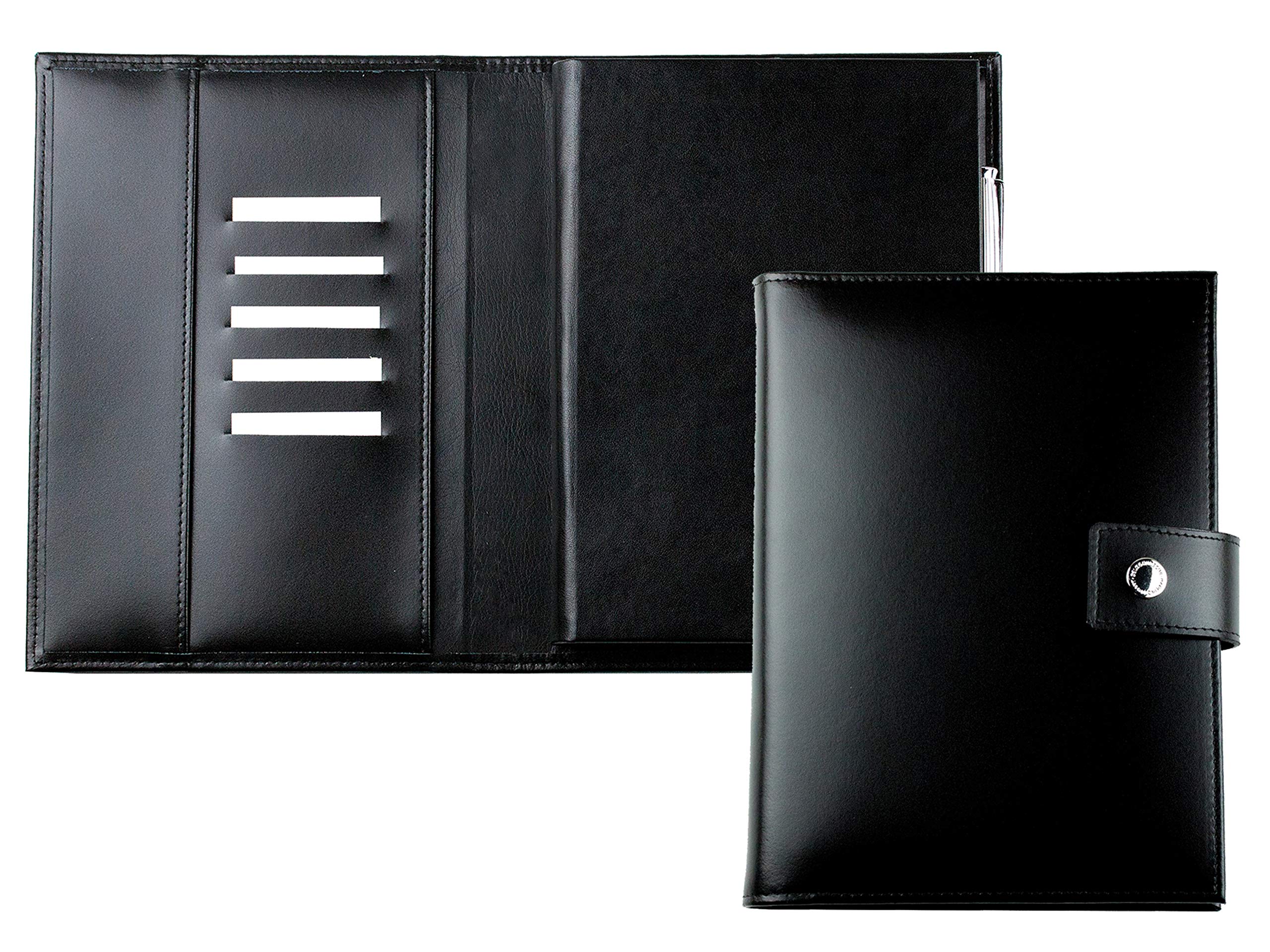 DELMON VARONE - Personalisierbares Notizbuch DIN A5 (auswechselbar) mit Verschlusslasche, Kartenfächer & Stiftschlaufe aus Cambridge Top Grain Leder Schwarz -Blanko Buch unliniert im Hardcover-Einband