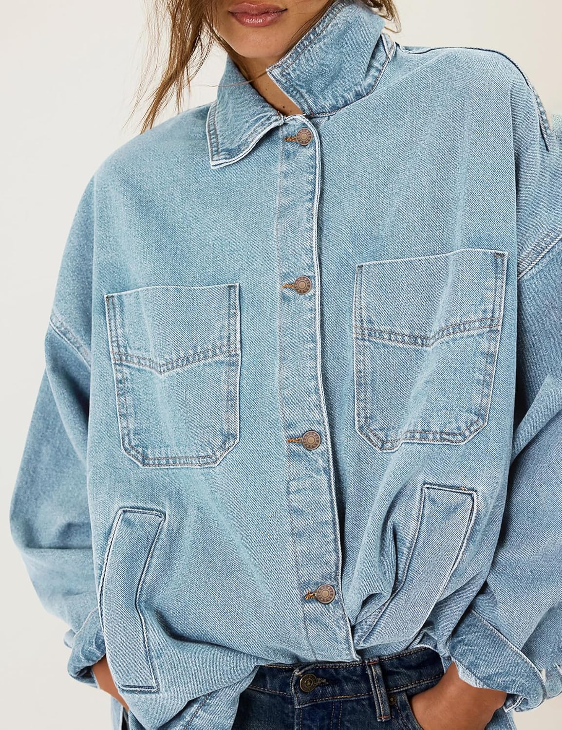 Jean Jacket for Women Oversized Shacket Denim Jacket Trendy Fall Outfits 2025 Split Button Down Boyfriend Shirts - Image 3