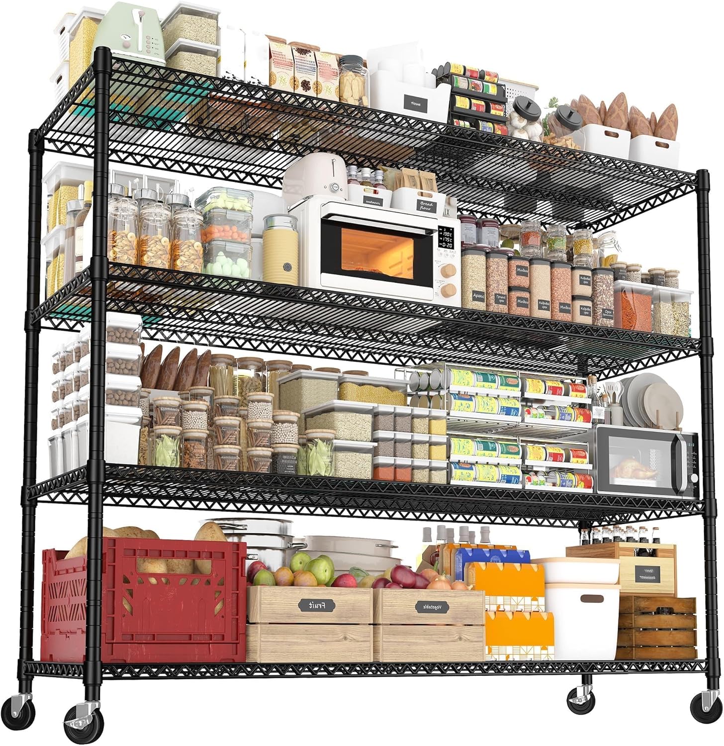 REIBII 60''W Storage Shelves 2399LBS Wire Shelving with Wheels Garage Shelving Heavy Duty Metal Shelves for Storage Rack Adjustable Shelf for Commercial Garage Kitchen, 60" W x 18" D x 65.5" H
